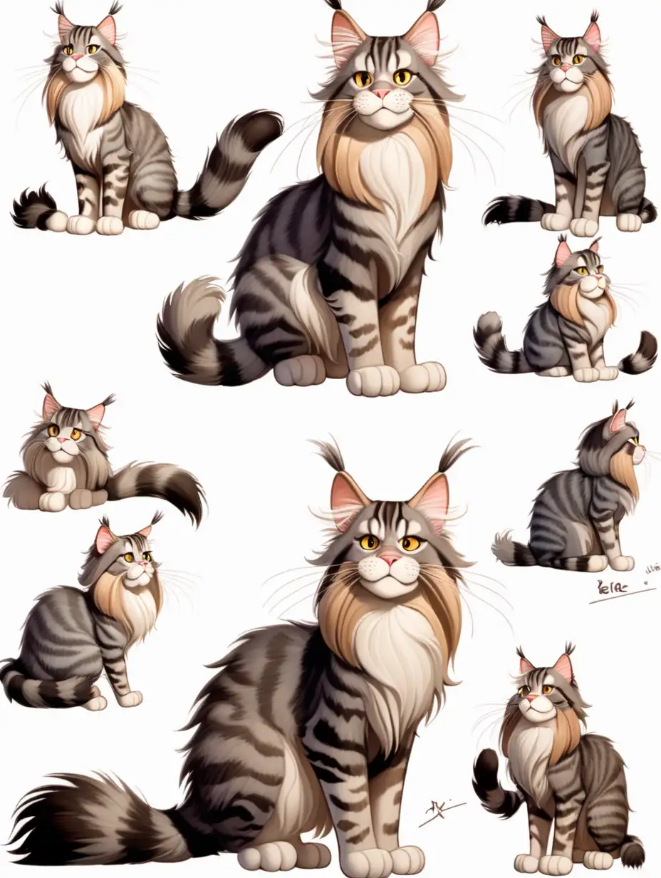 maine coon cat,  character design different poses, Pixar character, full body,  --ar 16:9, --r 2