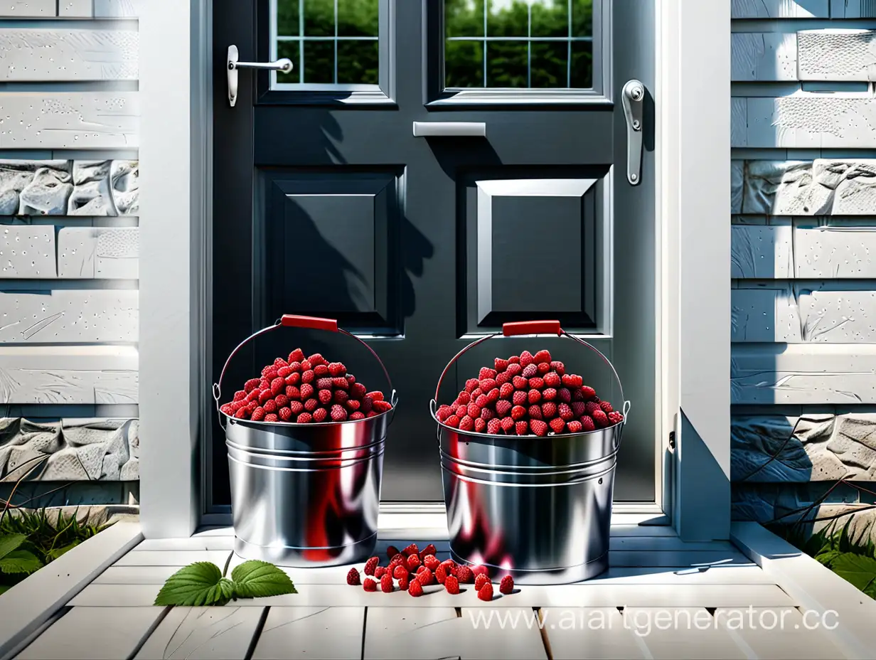 create an image of two aluminum buckets fully loaded with raspberries, background is main door of simple  house entrance, photorealism