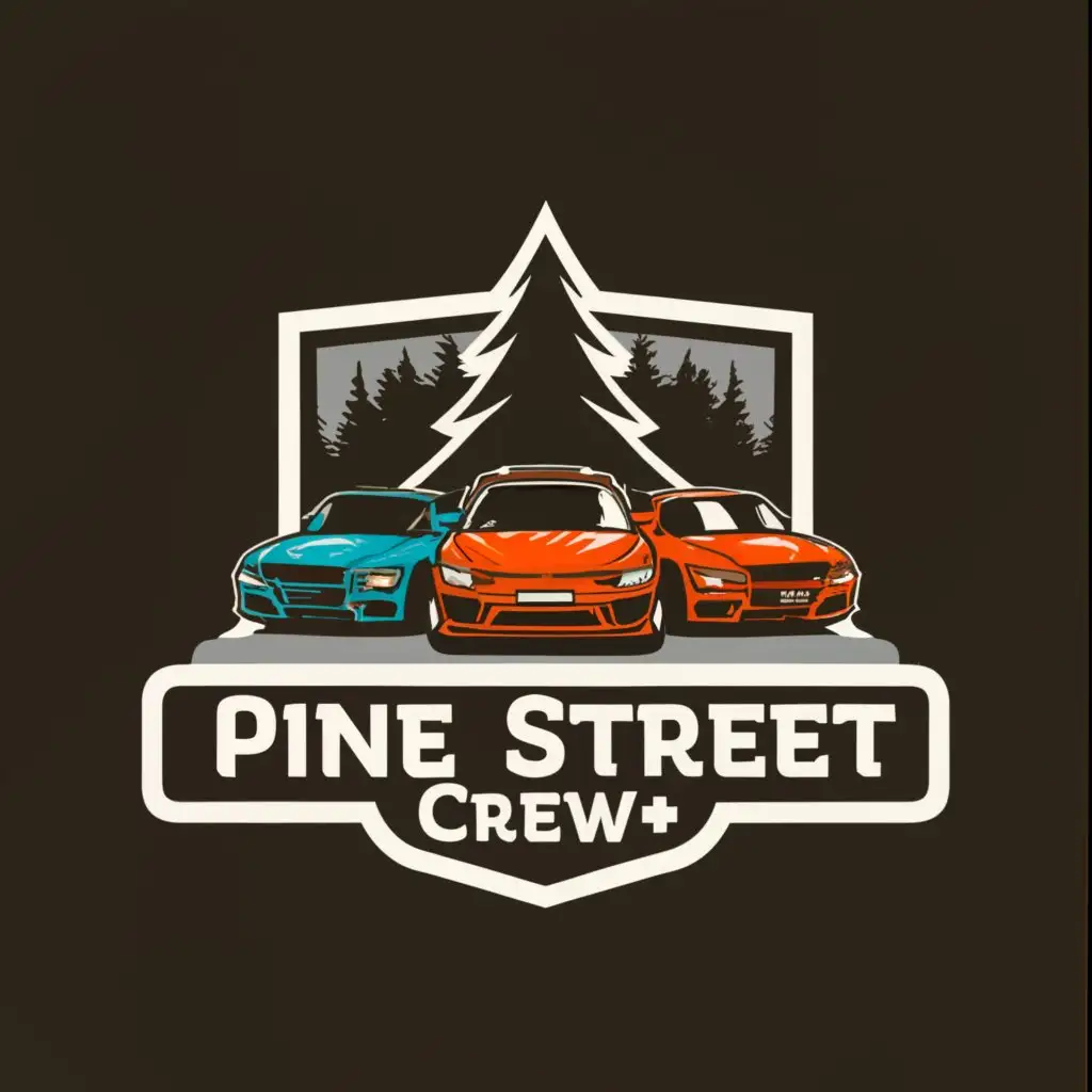 a logo design,with the text "Pine Street Crew", main symbol:Pine tree and jdm cars,Moderate,be used in Automotive industry,clear background