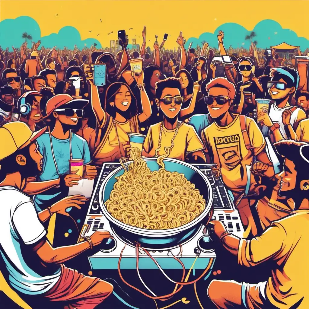 People holding A cup of noodles on a festival and looking to a great dj while playing music voor all the people, Vector Art

