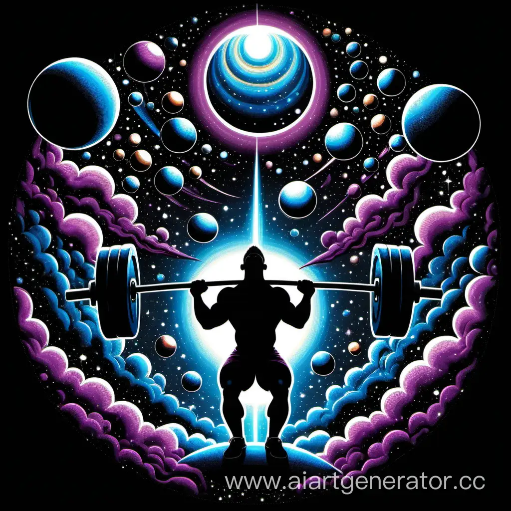 Imagine a t-shirt featuring an ethereal, cosmic backdrop with a silhouette of a weightlifter at the center. The lifter is not merely performing a heavy lift; they are lifting a barbell loaded with planets instead of weight plates, symbolizing the idea of limitless strength and potential. The celestial bodies glow, lending a vibrant contrast to the dark sky.