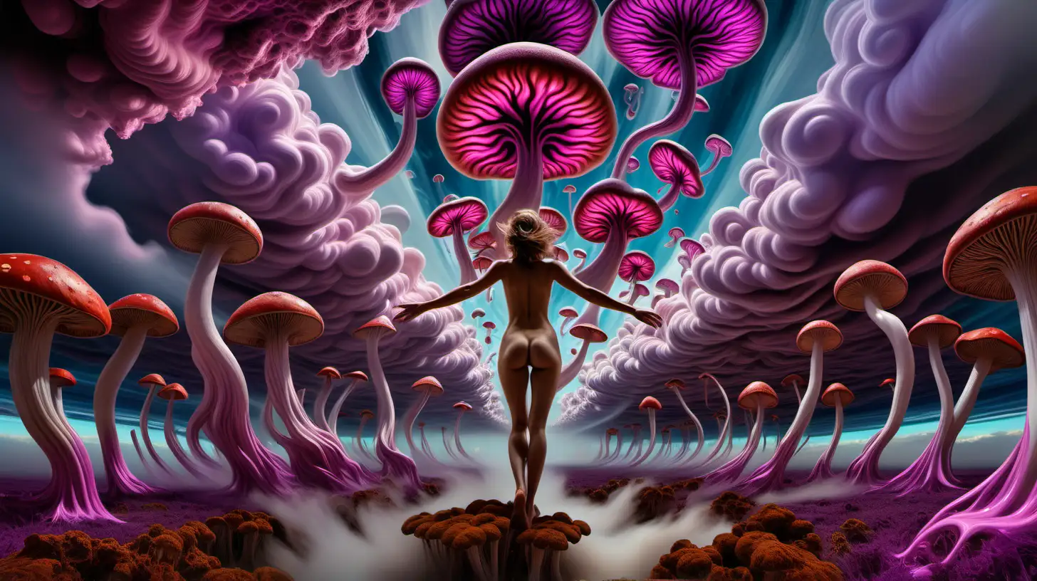 Psychedelic sky with dramatic swirling fluid storm , multicolored purplish fractal mushrooms extending from the ground up to the sky on right and left, nude female figure floating in mid air facing away from viewer with clouds under her feet and up towards the sky with arms extended, hyper realistic, moody and euphoric