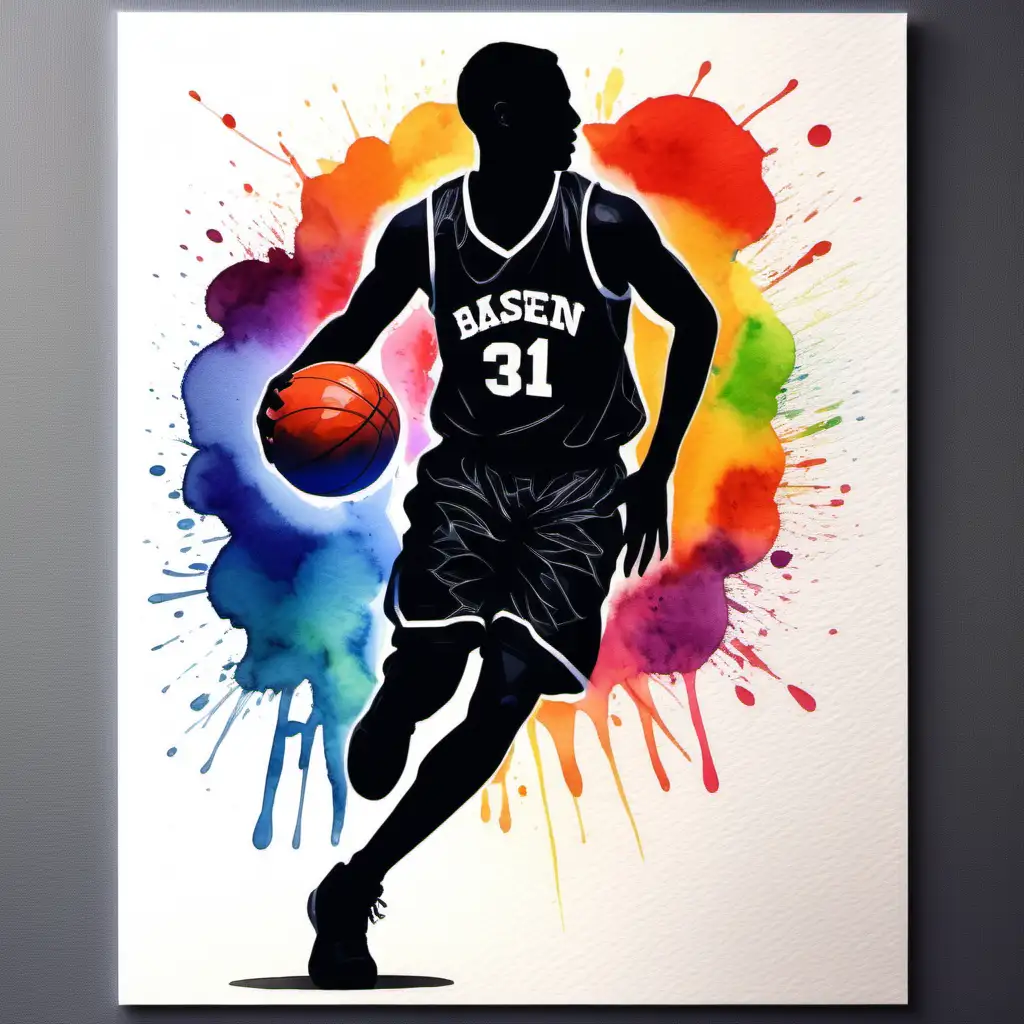 Dynamic Watercolor Silhouette of a Basketball Player in Vivid Surroundings