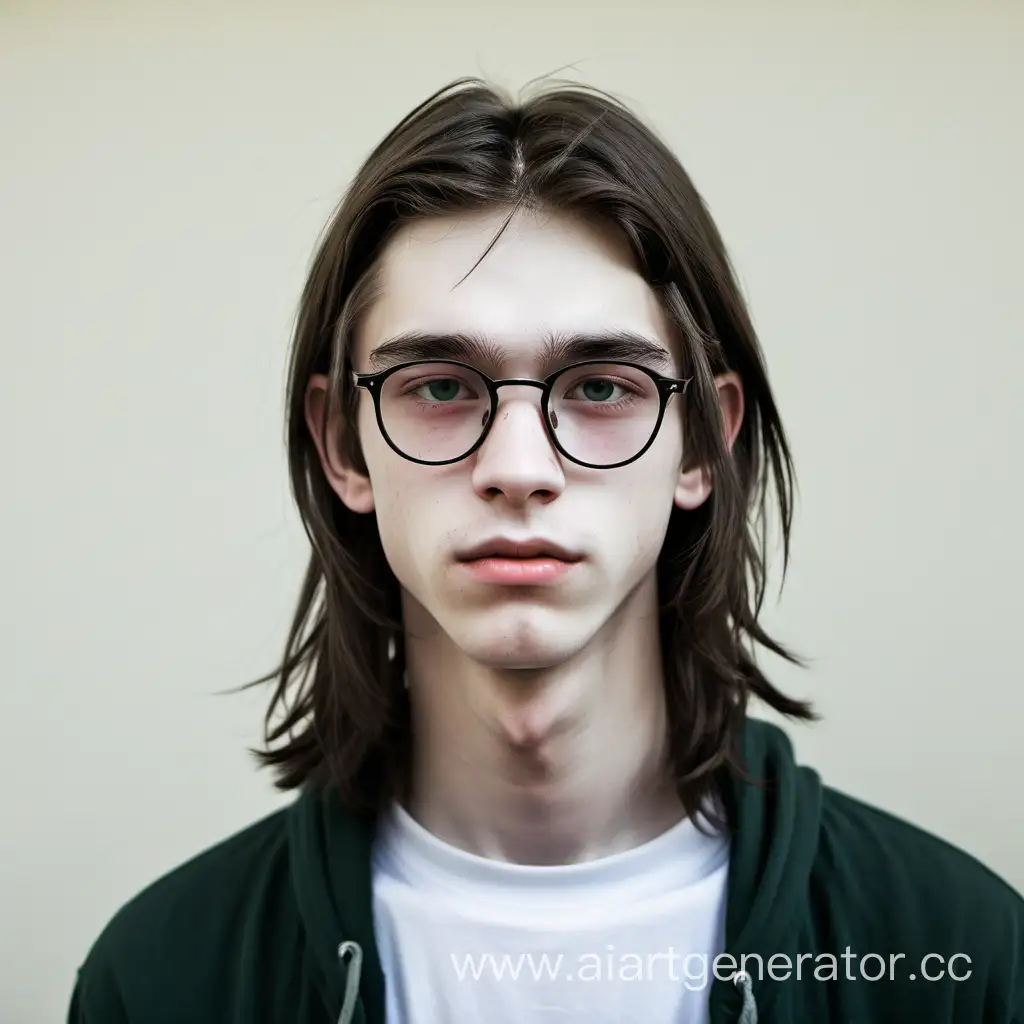 Boy with white skin dark long hair eyeglasses European portrait 18 years old skinny