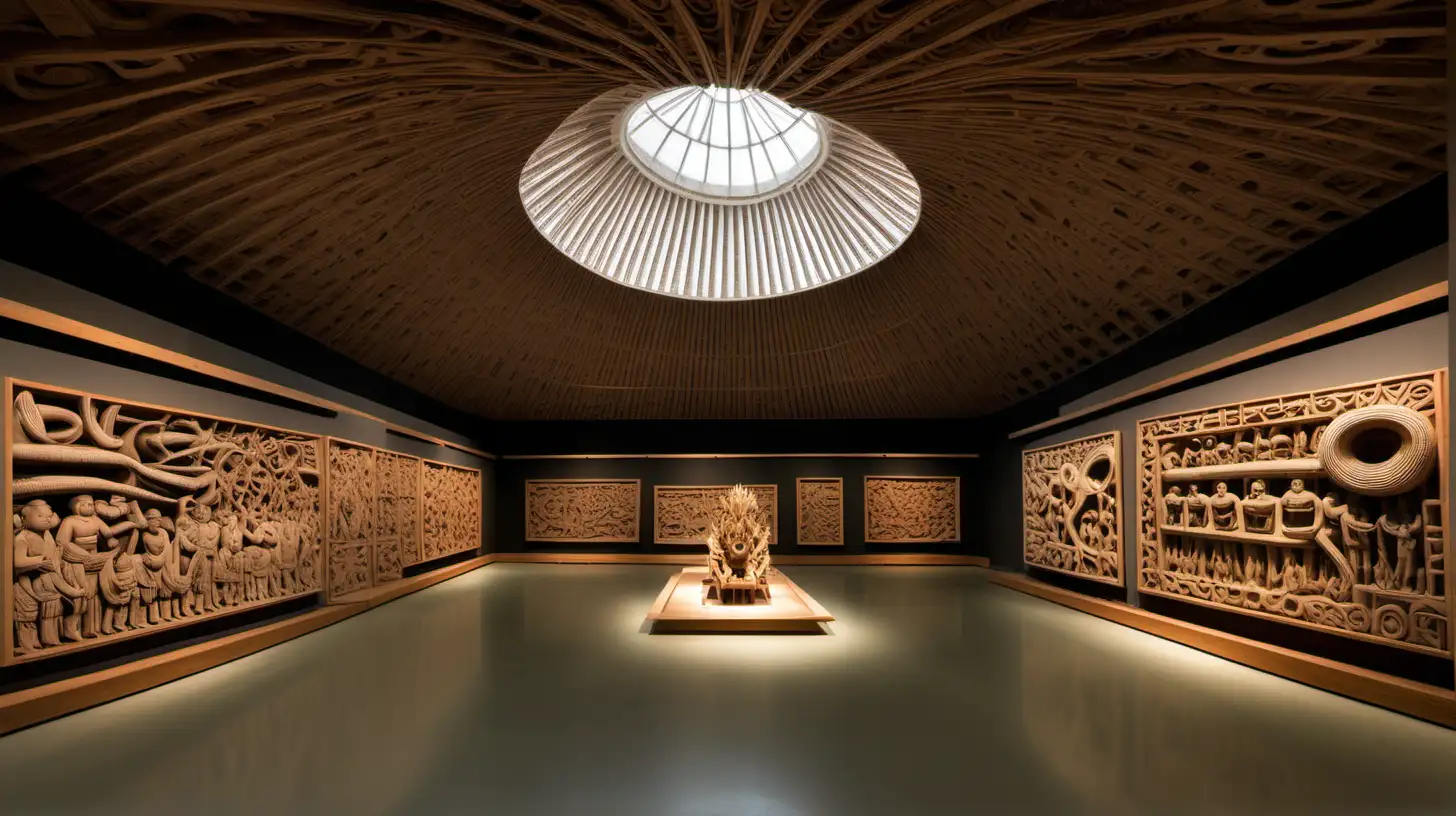 museum with carved walls and rafts of the ceiling open space 
sculptures of teko teko