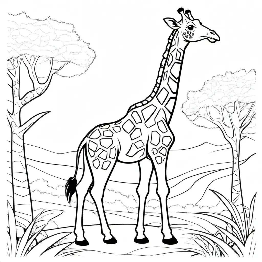image a coloring page kids ages 8-12 of a girafa,  cartoon style, thick bold lines, low detail. no shading --ar 9:11