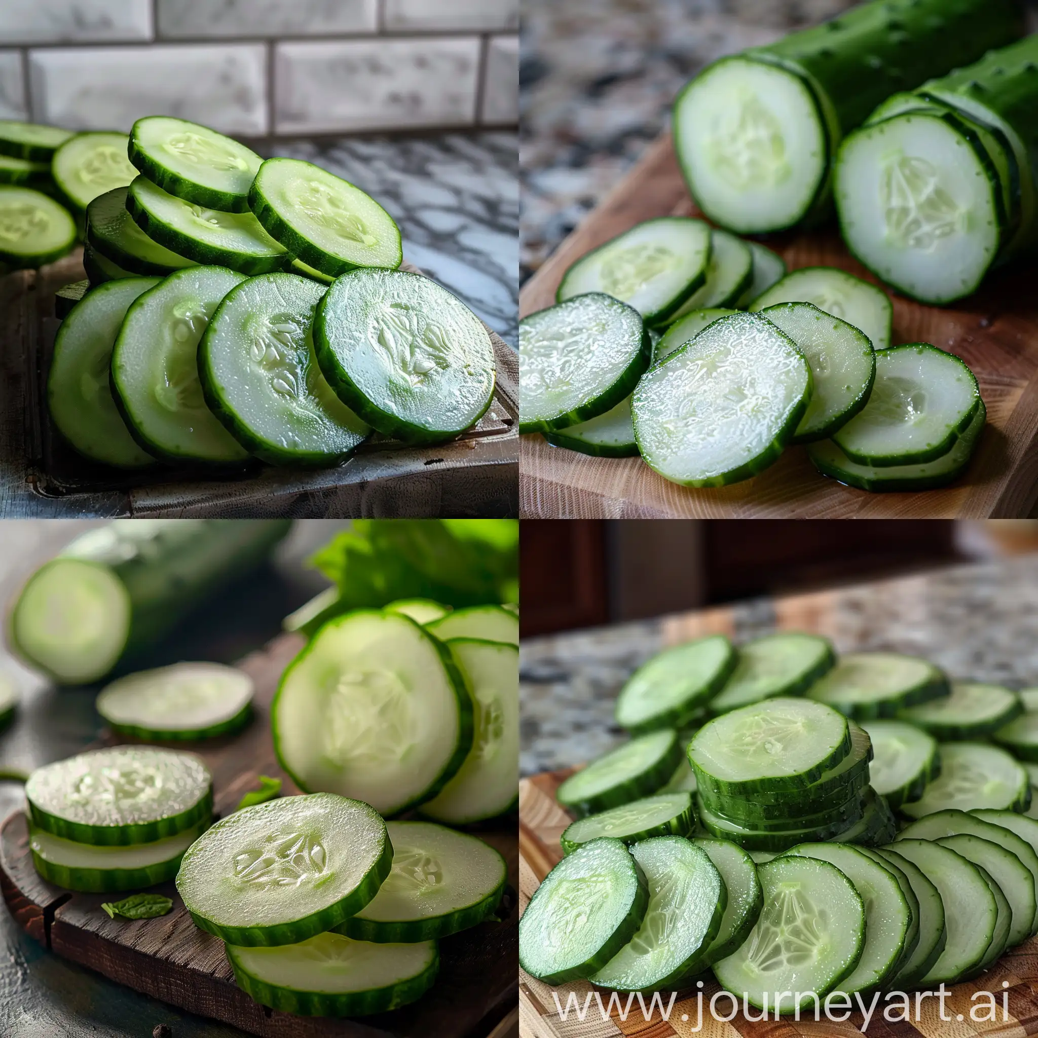 Real natural light shot of some sliced cucumbers on a kitchen board.