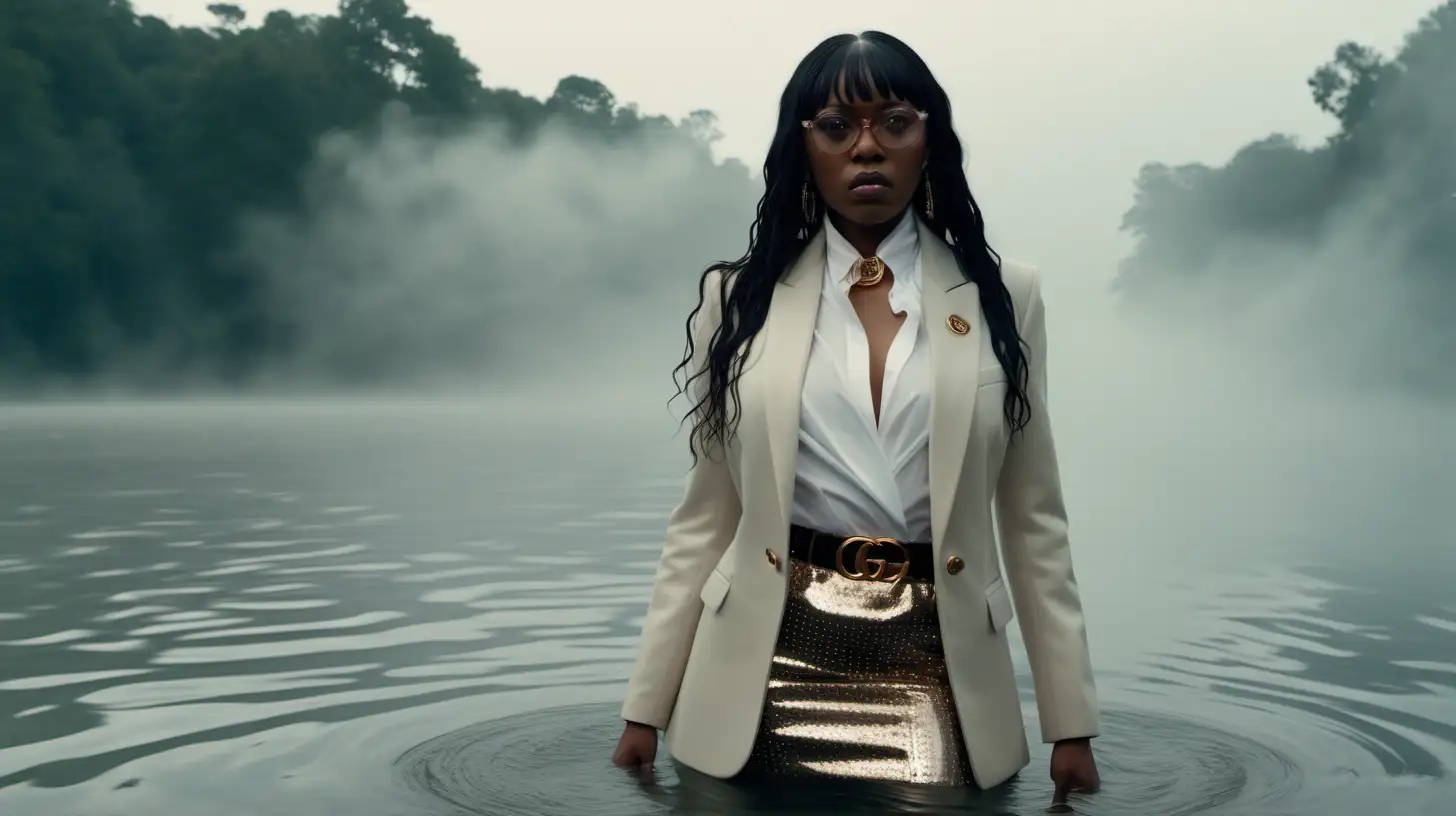 A cinematic scene shot on a Sony cine Alta: a long full body shot of a black woman fiercely standing in water with fog dressed in an off-white designer blazer, Balmain, Gucci, glasses, high detail, high resolution, 20mm, 1.2 f, long hair with bangs, beaded diamond skirt, turtle neck, pagoda shoulder, Prada
