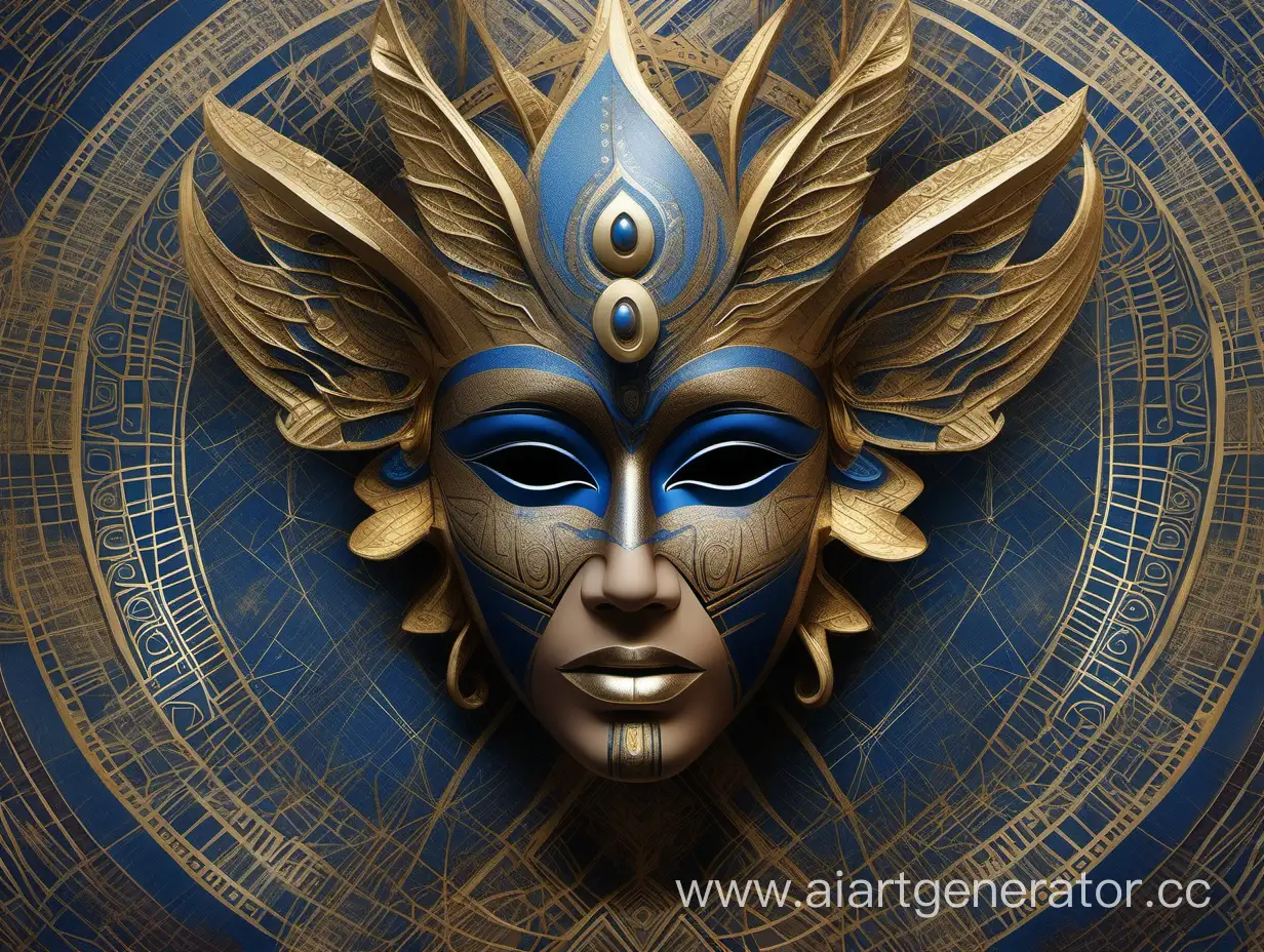 Маска  богиня Защитница земли, симметричная, с узорами и фактурами, в коричневых и голубых тонах с золотом и серебром 