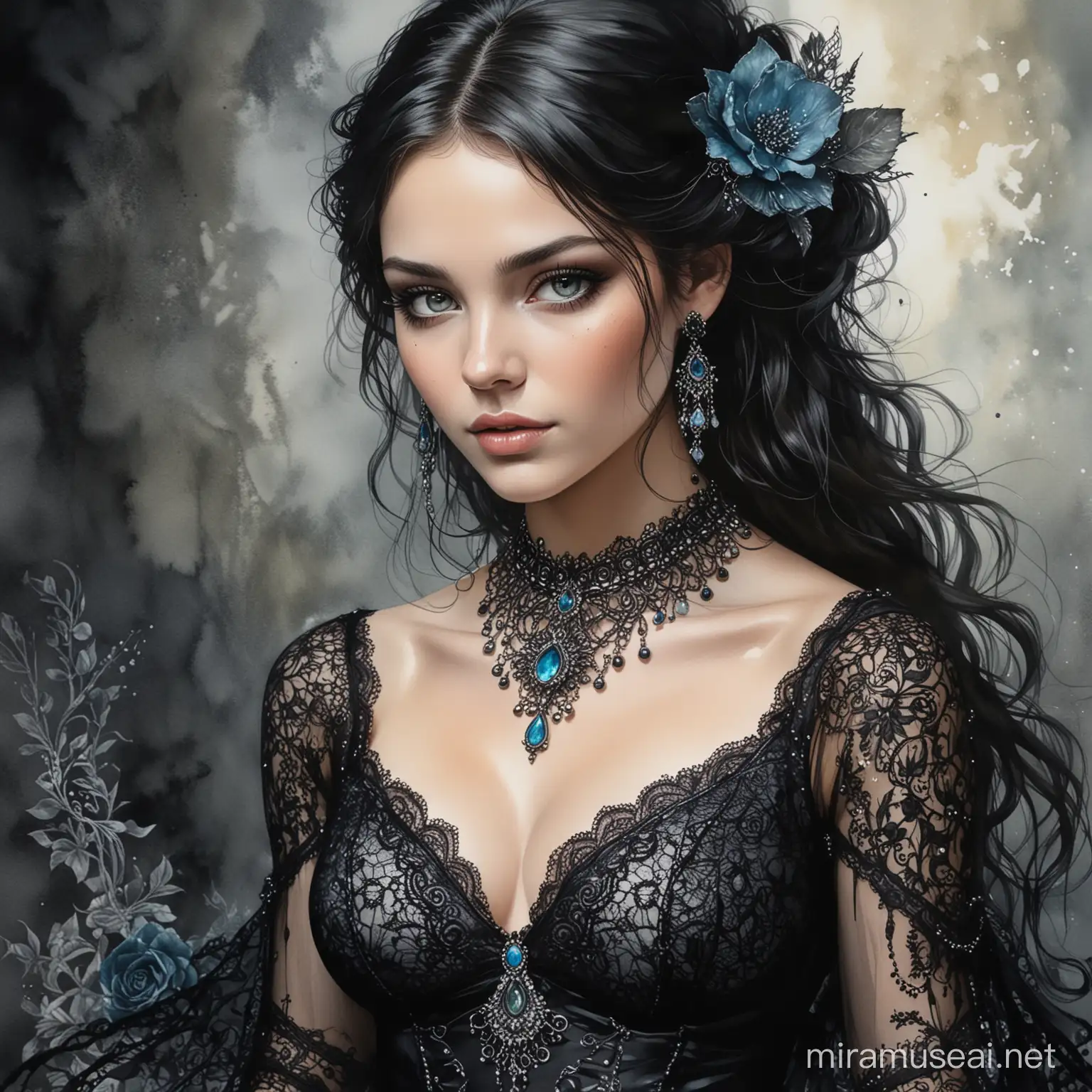 Detailed alcohol ink and watercolor painting, morgan la fae, beautiful enchantress, black lace and silver jewelry, full view, fantasy style, Watercolor, trending on artstation, sharp focus, studio photo, intricate details, highly detailed, by greg rutkowski