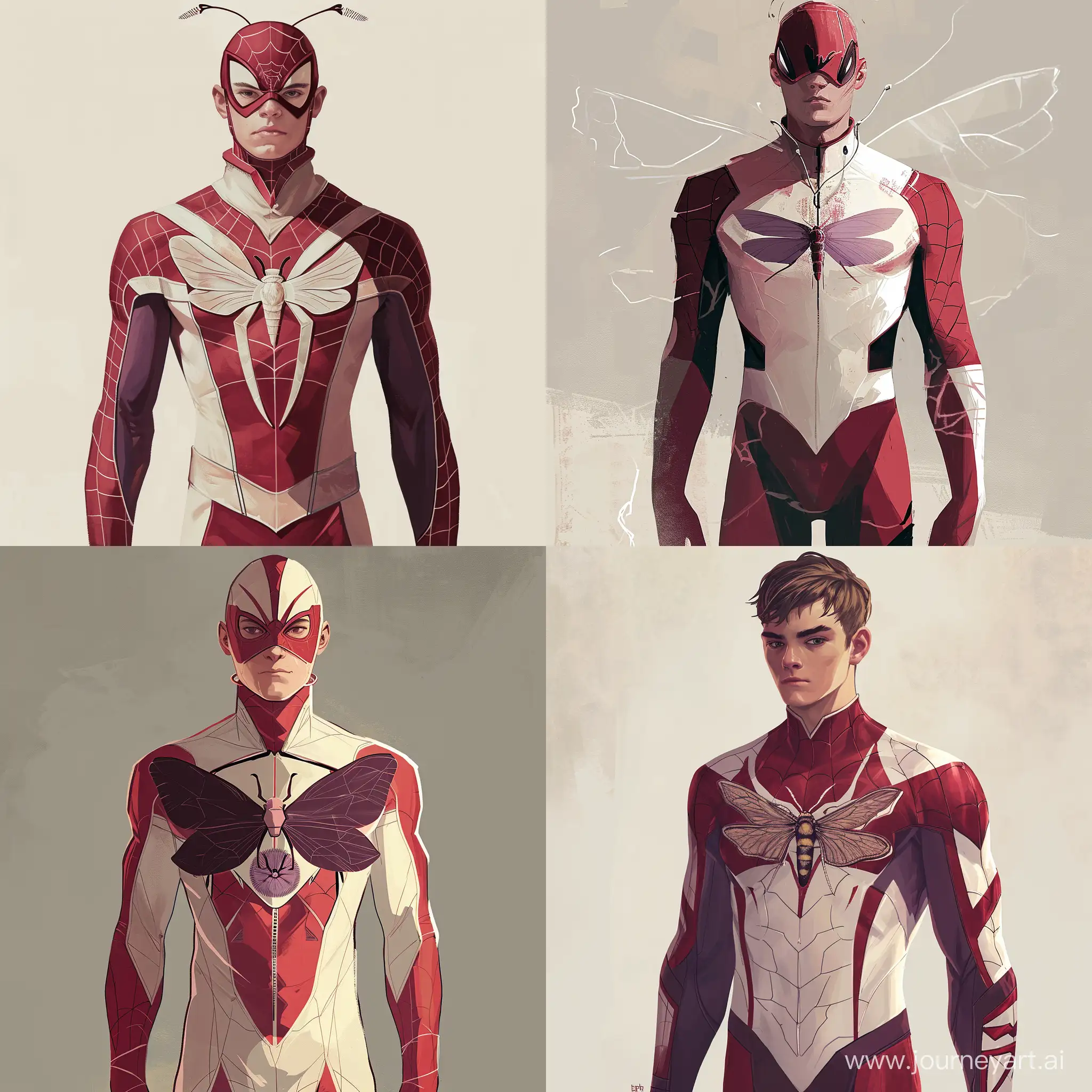 Generate an illustration of Moth-Man, an 18-year-old superhero inspired by Spider-Man. Design a slim and sleek costume that combines shades of red and white, with subtle dark lavender accents for a modern touch. Incorporate a stylized moth symbol prominently displayed on the chest, representing hope, transformation, and Karter Knight's journey as a hero. The emblem should be distinctive and carry symbolic significance. Capture the youthful energy of Moth-Man while emphasizing the sleekness of the costume. Pay attention to the details in the design, ensuring a modern and stylish appearance. Illustrate Karter Knight in a dynamic pose, showcasing his agility and the iconic elements of his costume. Highlight the character's unique personality and the symbolism behind the moth emblem, creating an image that conveys both the spirit of a young hero and the depth of Karter's journey.