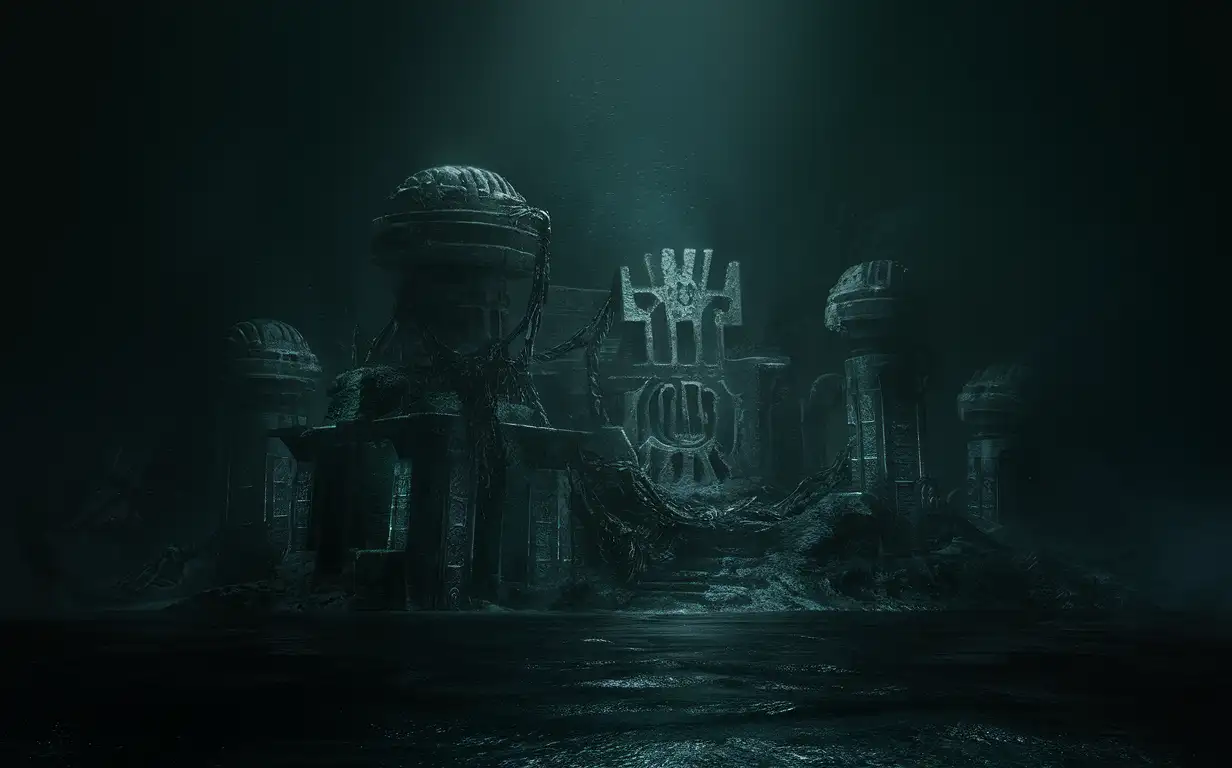 Ancient alien ruins under dark waters, sci-fi, dark, horror, no light, deep