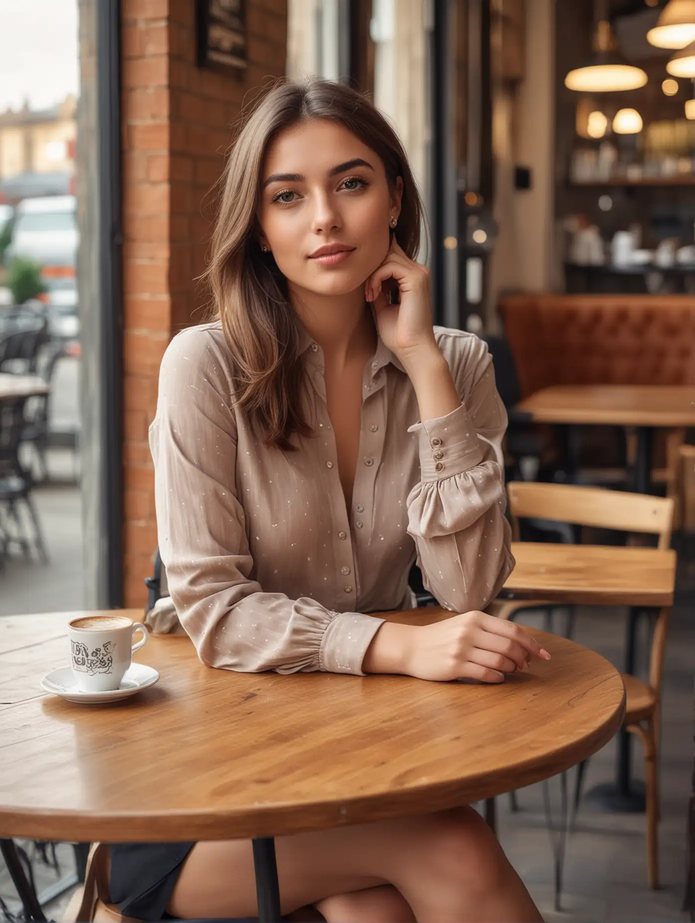 British ，girl, fashionable clothes, sitting at the table in cafe background, exquisite facial features, facing the camera, professional photography technique, full body shot