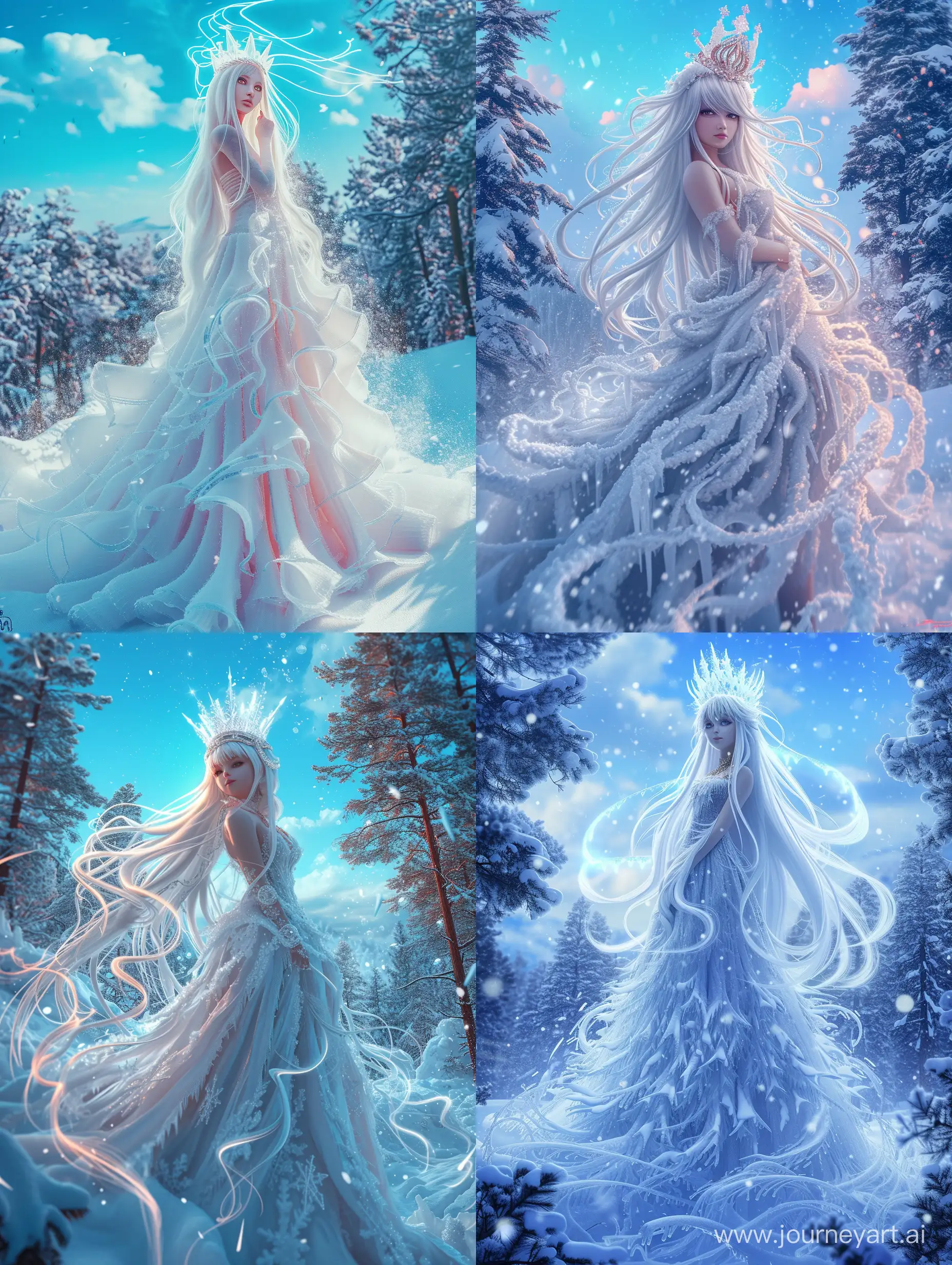 Королева-зима, невероятно красивая девушка в полный рост, с белыми длинными волосами, на голове корона из льда, в платье из снега в зимнем лесу, красивый пейзаж на фоне, синее небо, заснеженные деревья, продолжение платья из снега, вьюга завихряются у подола платья, неоновые переливы, высокое разрешение, эстетично, красиво, яркое освещение, фотореализм
