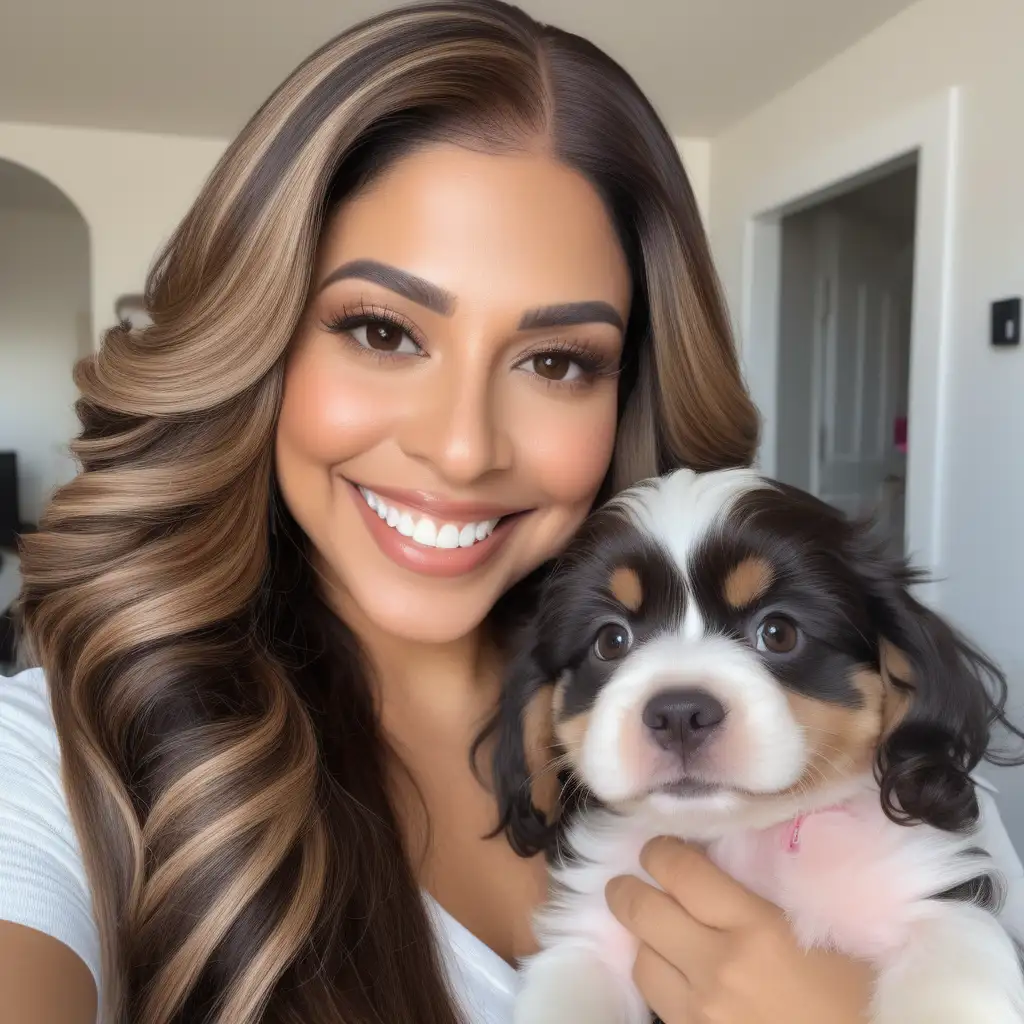 selfie of a latina woman who has just finished getting ready for a night out. She is wearing a long, voluminous, brunette, balayage, and seamless lace front wig. she's smiling and holding her puppy