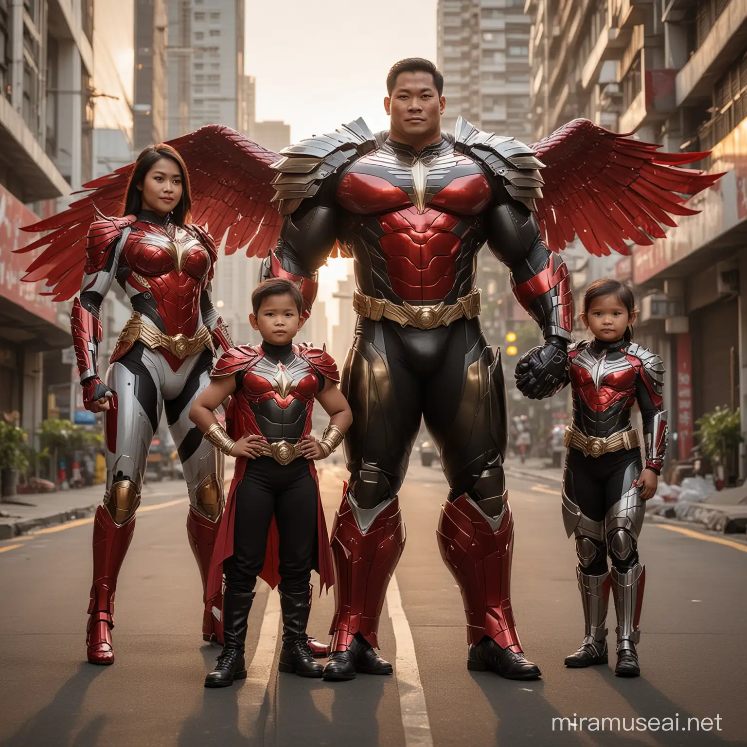 Indonesian Superhero Family Soars Over Urban Landscape at Golden Hour