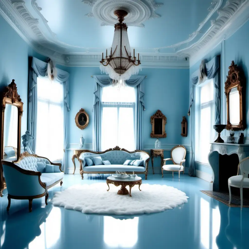 victorian light blue room aesthetic, white accents, rich, wealthy, white floor, crystals

