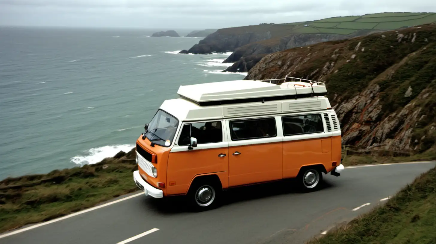1977 Westfalia Camper Van Soft Top Driving Along Cornish Coast