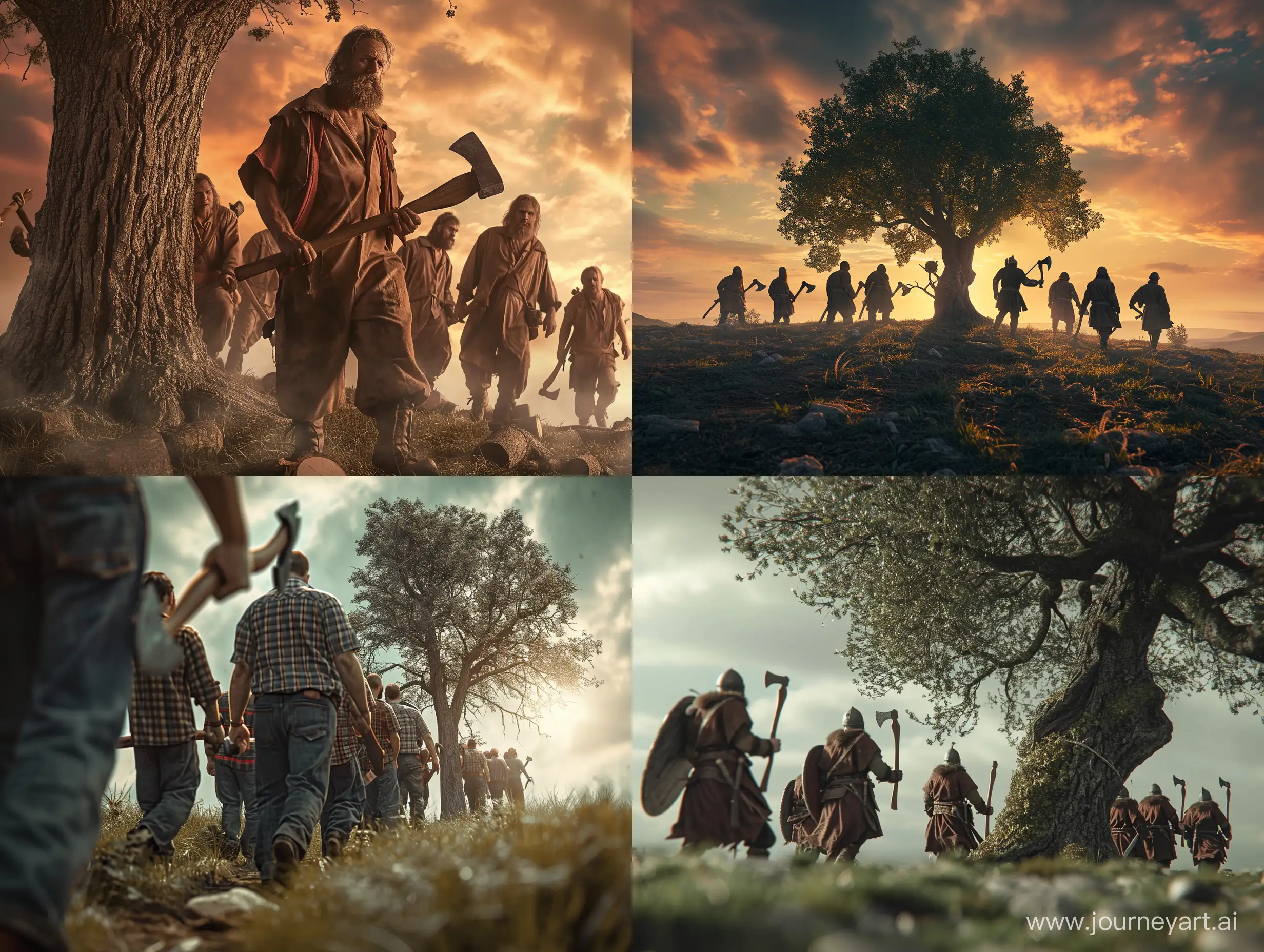 a group of male with axes walk to a tree, realistic, detailed, 4 k, photography