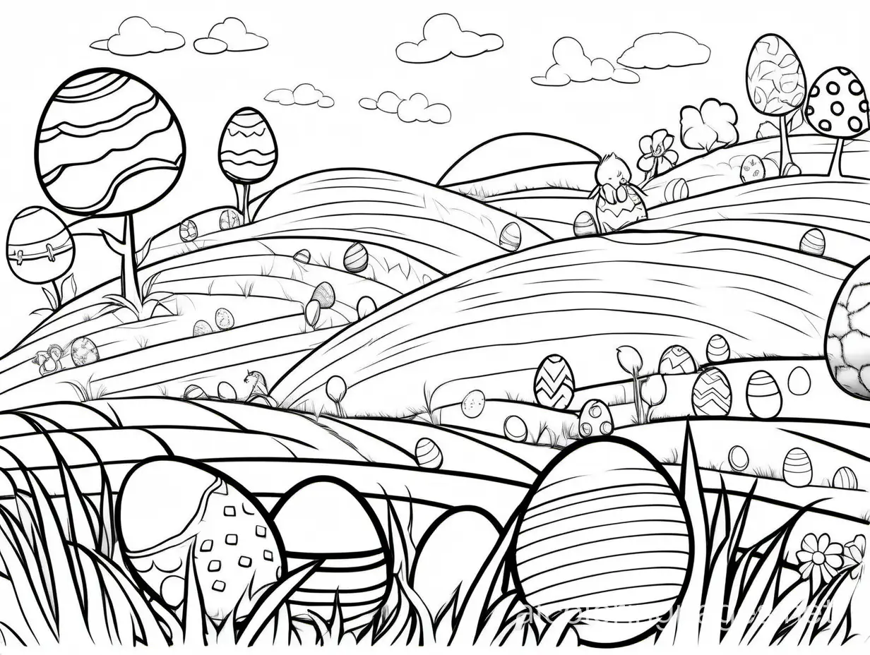 Easter nummy in field hiding eggs, Coloring Page, black and white, line art, white background, Simplicity, Ample White Space. The background of the coloring page is plain white to make it easy for young children to color within the lines. The outlines of all the subjects are easy to distinguish, making it simple for kids to color without too much difficulty