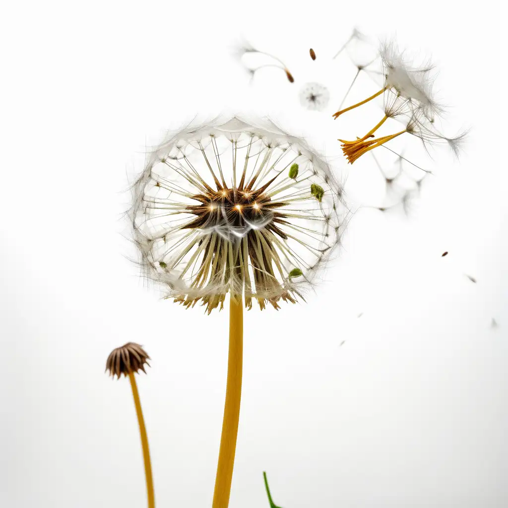 Graceful Dandelion Puffs Floating in the Wind on a White Background