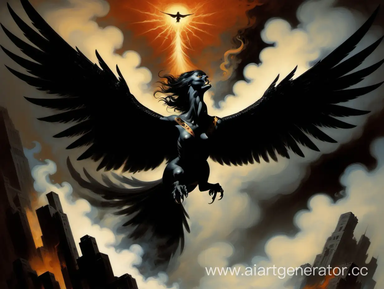 чёрный, из дыма феникс в полёте, с расправленными крыльями, атакующий, в стиле Франка Фразетты.
