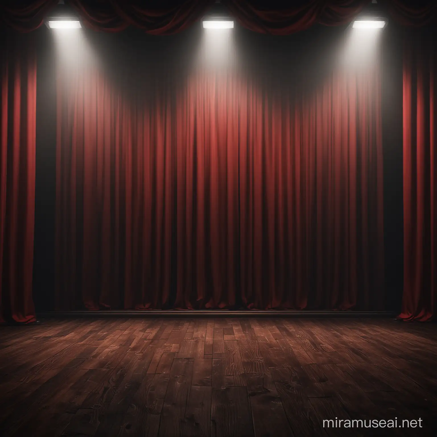ultra realistic comedy stage with red curtains in dark cinematic lighting 