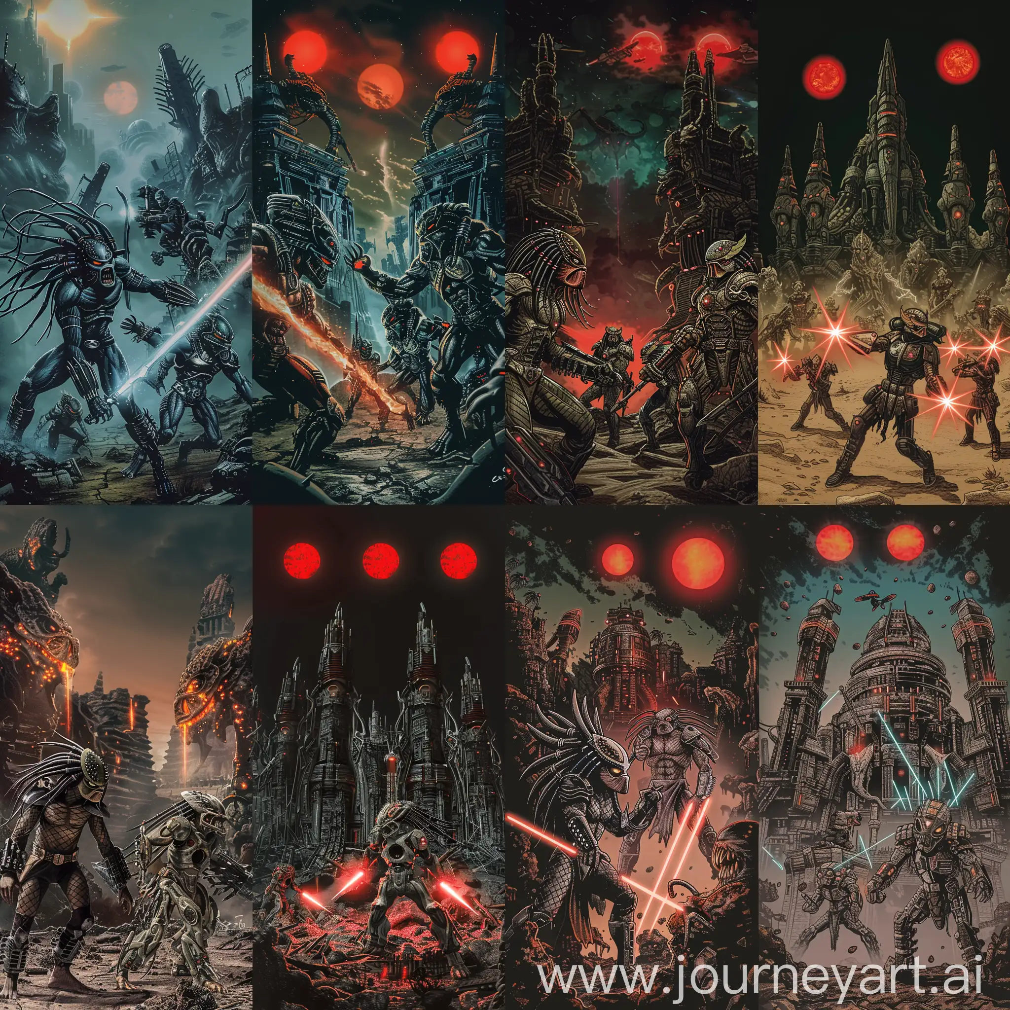 At left, there are several Predator warriors from the Predators movie.

At right, there are several Protoss zealots from the StarCraft game.

They are fighting against each other with their energetic blades.

They are on an apocalyptic abandoned planet.

Background as cyper punk style steel temples in ruin.

Three red suns in the dark sky.
