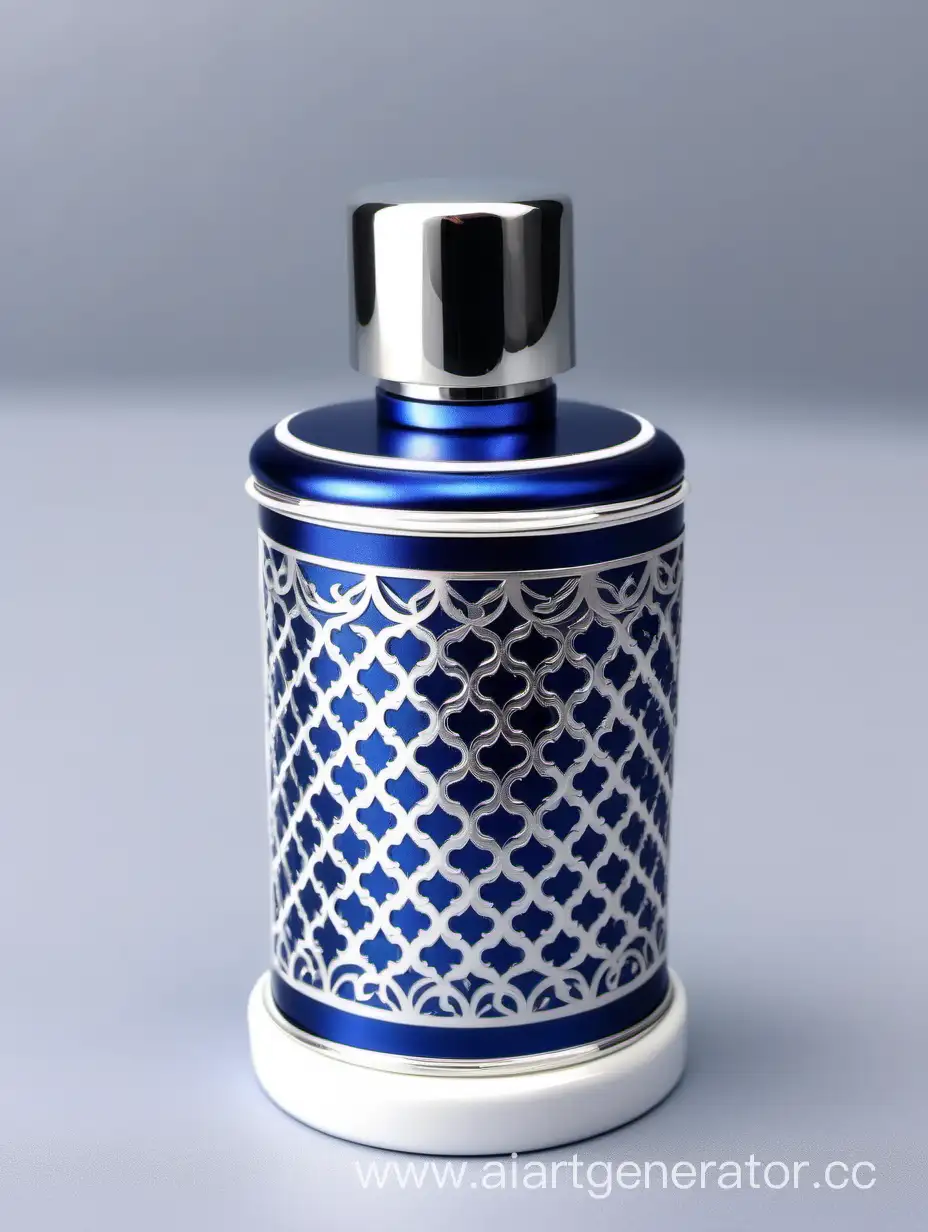 Luxurious-Zamac-Perfume-Ornamental-Cap-in-Shiny-Dark-Blue-with-Matt-White-Arabesque-Pattern