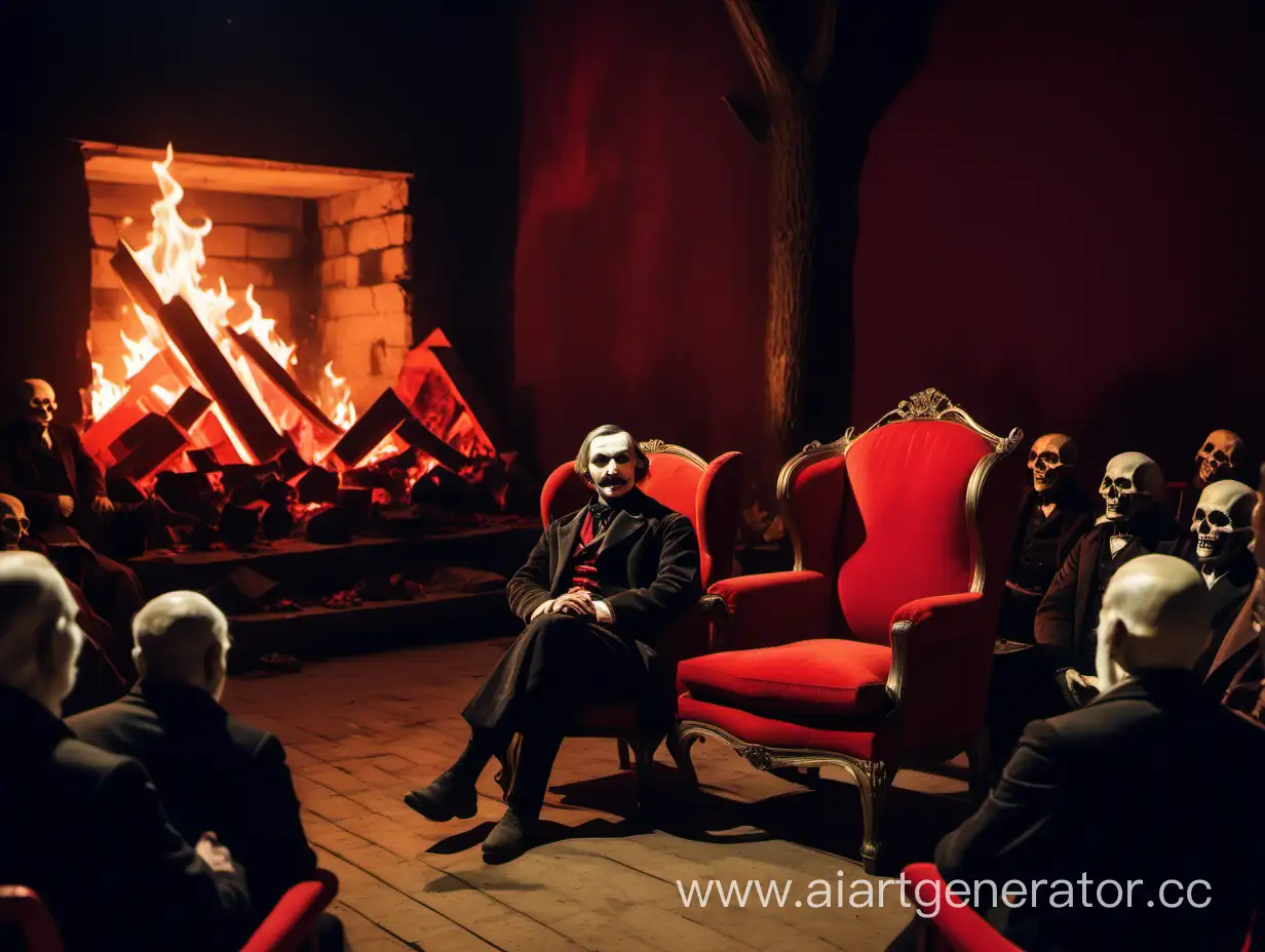 Gogol-Characters-in-Red-Chair-with-Burning-Dead-Souls-Tome