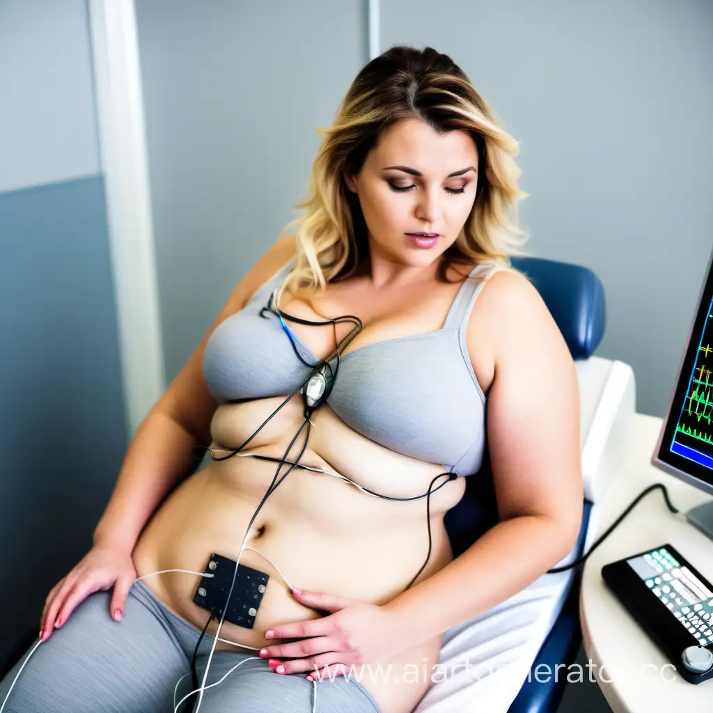mujer voluptuosa sometiendose a un electrocardiograma en un consultorio medico