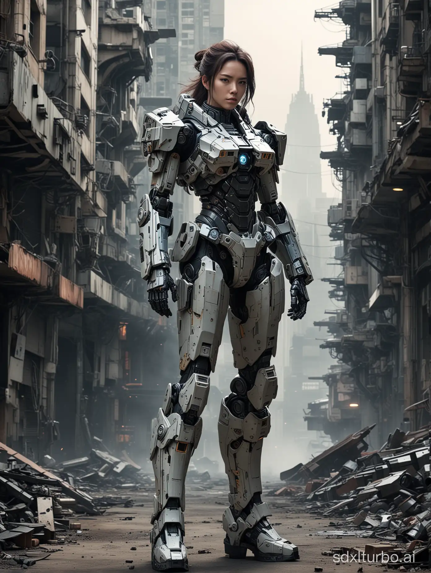 After the war, the urban background, a female warrior wearing mecha, the mecha style is interstellar mecha.