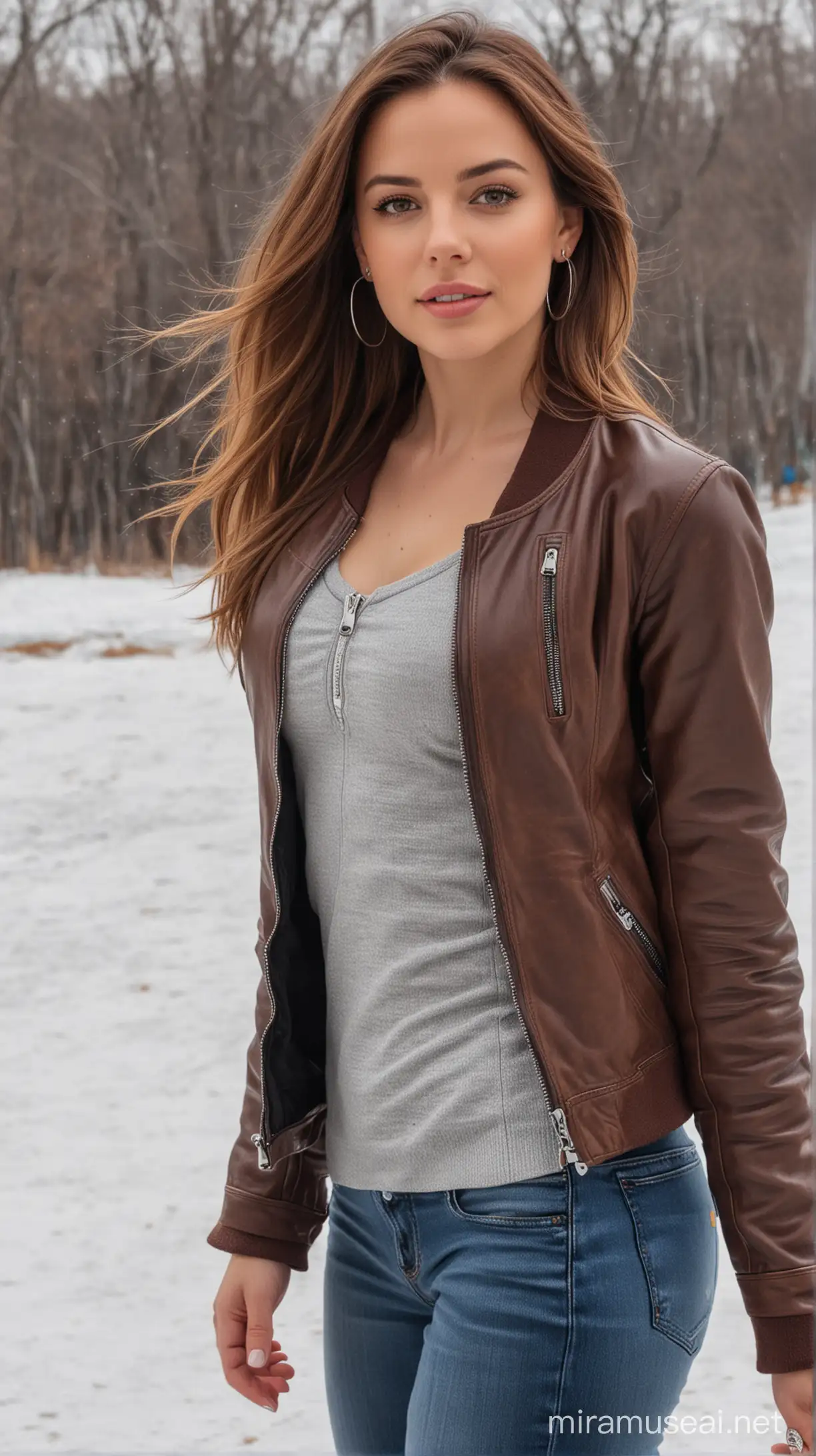 4k Ai art beautiful USA girl brown hair ear rings smart watch in hand black jeans and brown leather zipper jacket and silver bra in usa ice skating ground