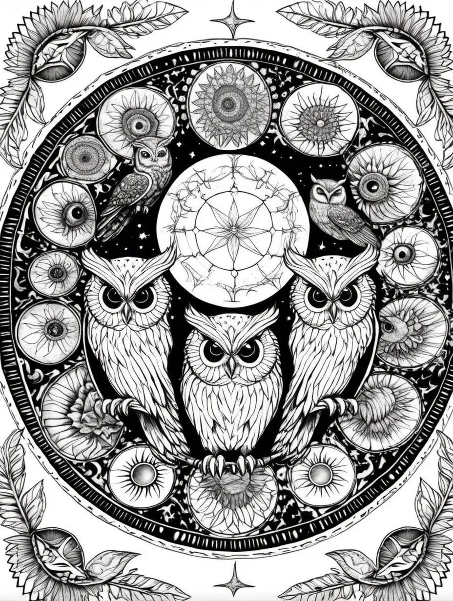 calming mandalas of nature including owls, fire fly, moon phases
