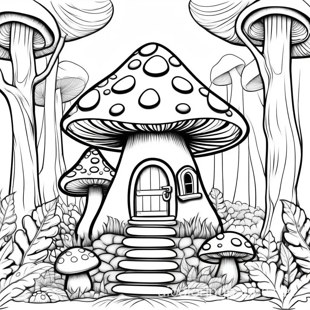 mushroom house in forest, Coloring Page, black and white, line art, white background, Simplicity, Ample White Space. The background of the coloring page is plain white to make it easy for young children to color within the lines. The outlines of all the subjects are easy to distinguish, making it simple for kids to color without too much difficulty