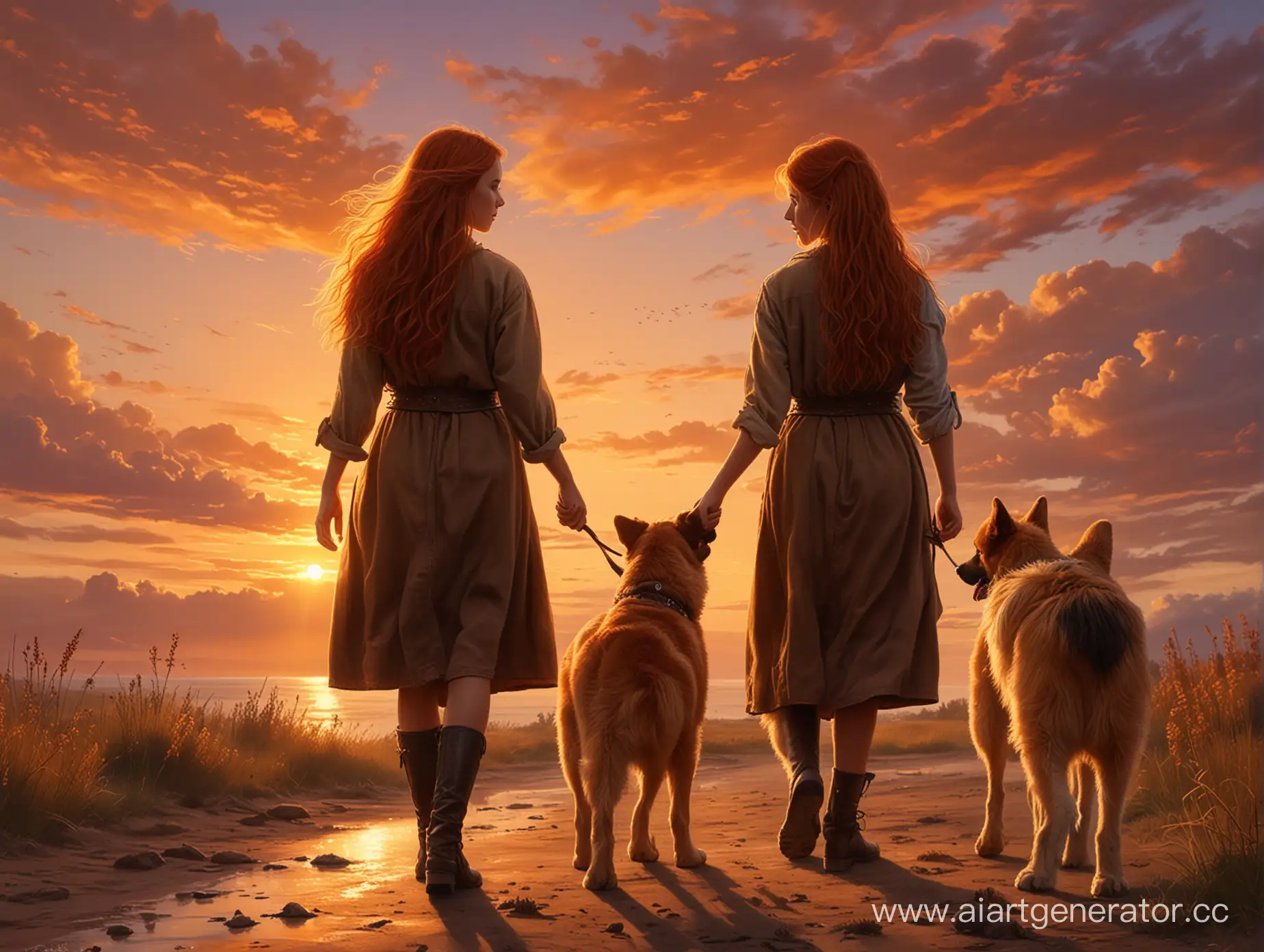 RussetHaired-Girl-and-Her-Shepherd-Dog-Under-Fiery-Sunset