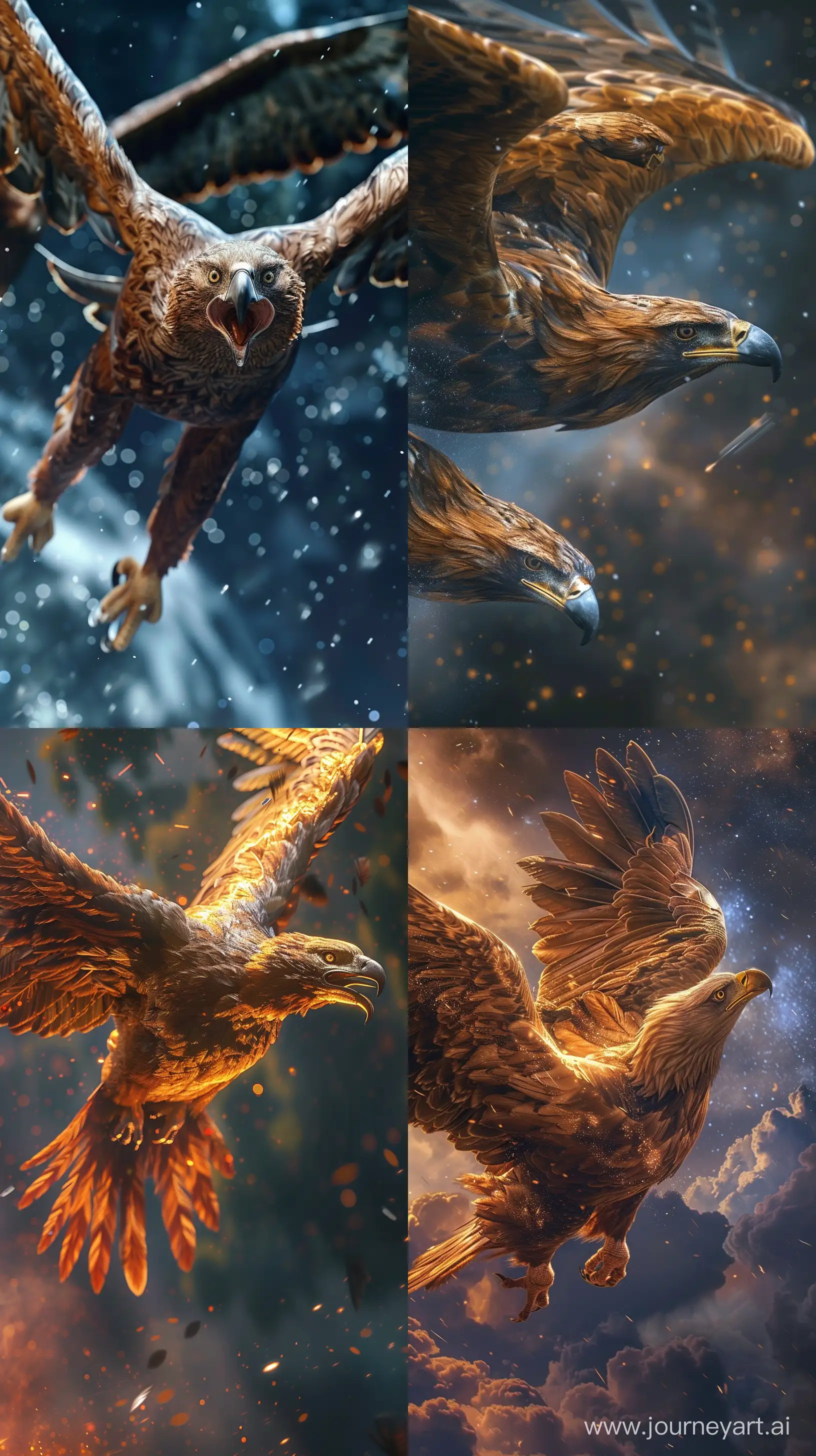 images of a big eagle with 2 heads but one body from ancient Hindu mythology, flying high, fierce expression, realistic depiction, close-up, intricate details, high resolution 8k quality celestial background --ar 9:16 --v 6