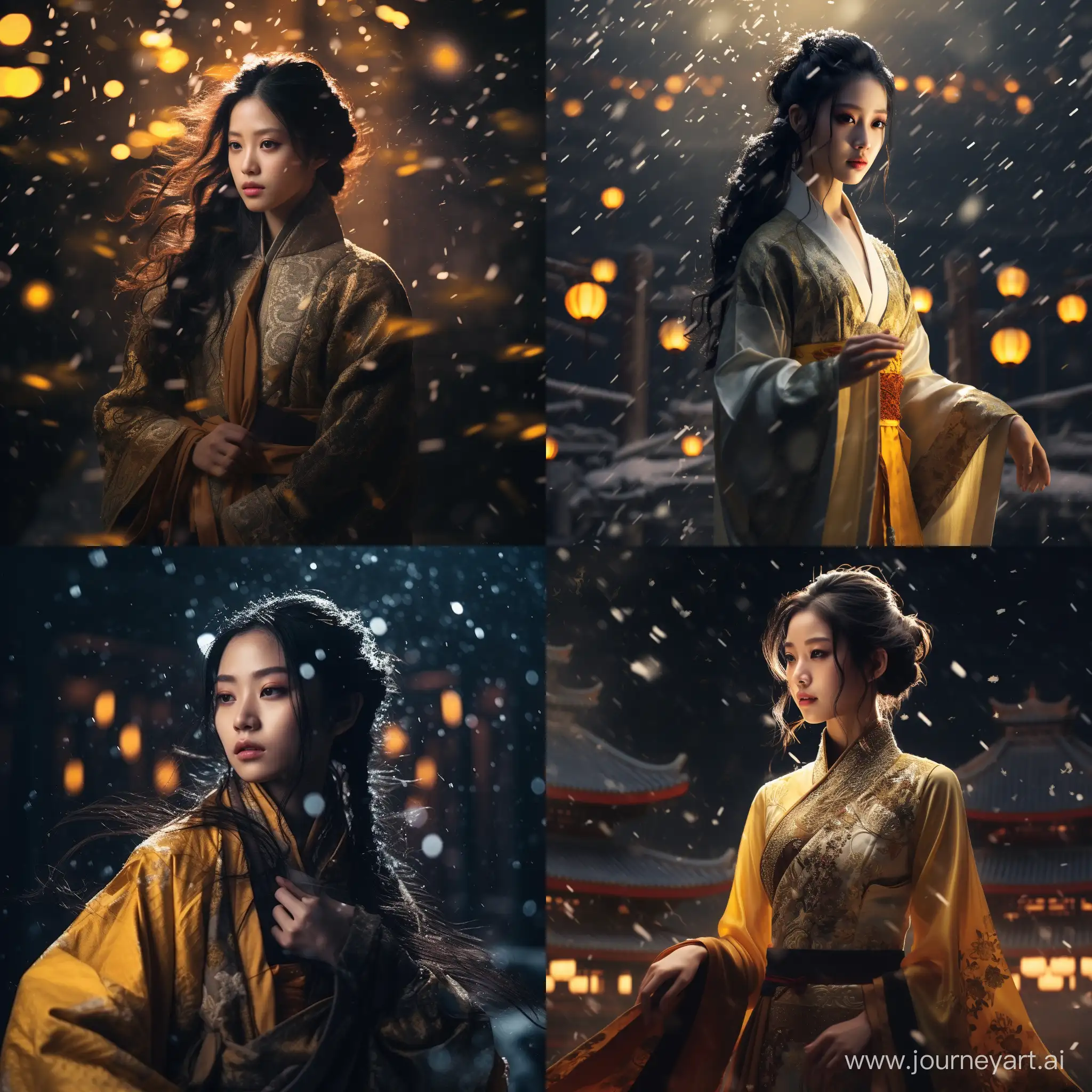 中国古典女孩，站在夜色中，天空飘着雪花，黄色的灯光