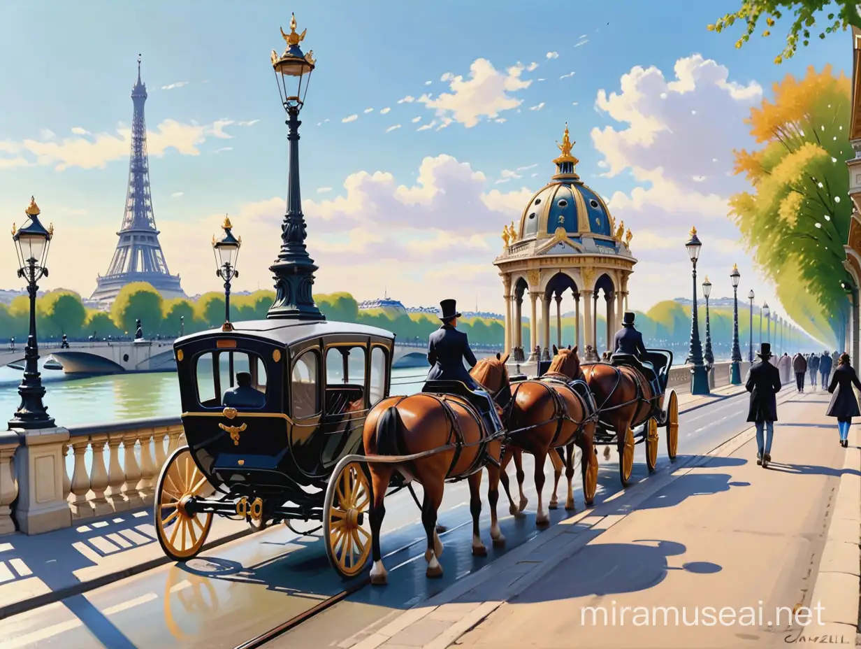 Calèches sur le pont alexandre 3 à Paris  à la manière des tableaux de gustave caillebotte