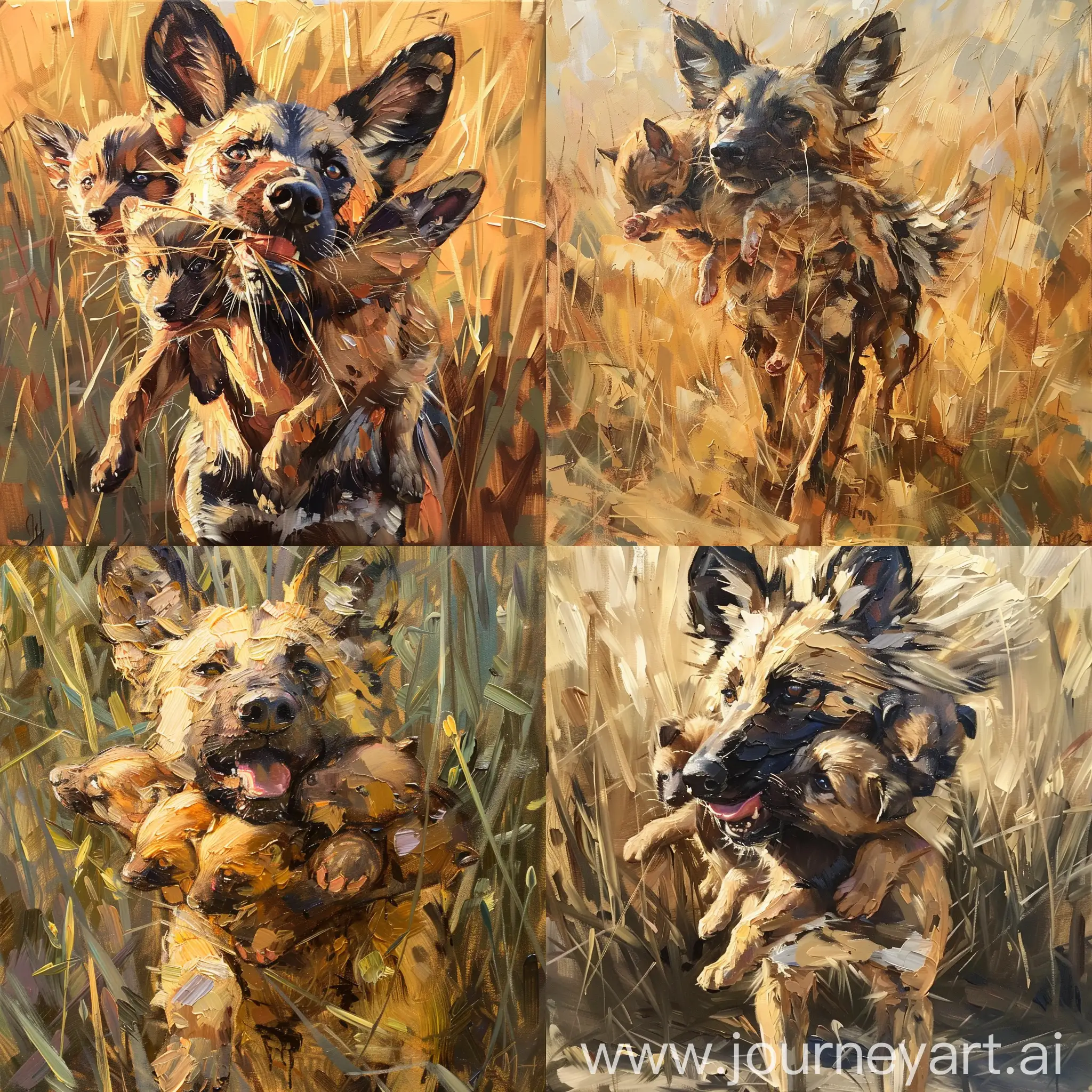 Wild-Dog-Carrying-Puppies-in-South-African-Bush-Veldt-Impressionist-Oil-Painting
