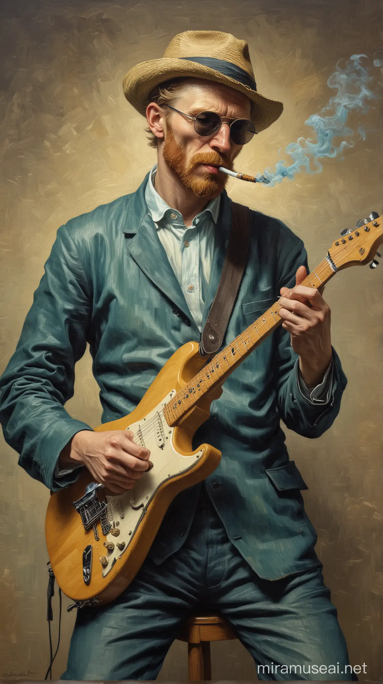 Painting of van gogh playing electric guitar with sunglasses and smoking a cigarette