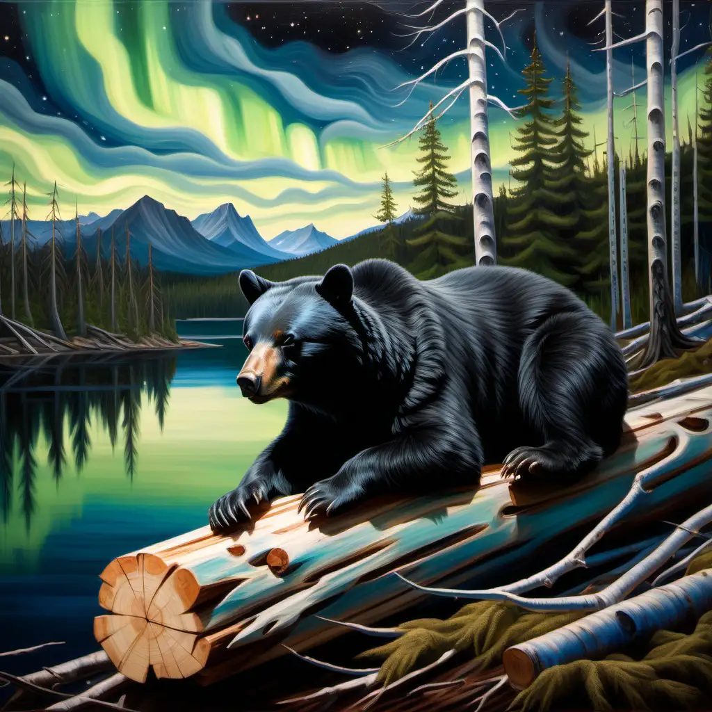 Serene Black Bear Nap Amidst Pine and Birch Trees by Lakeside Under Northern Lights