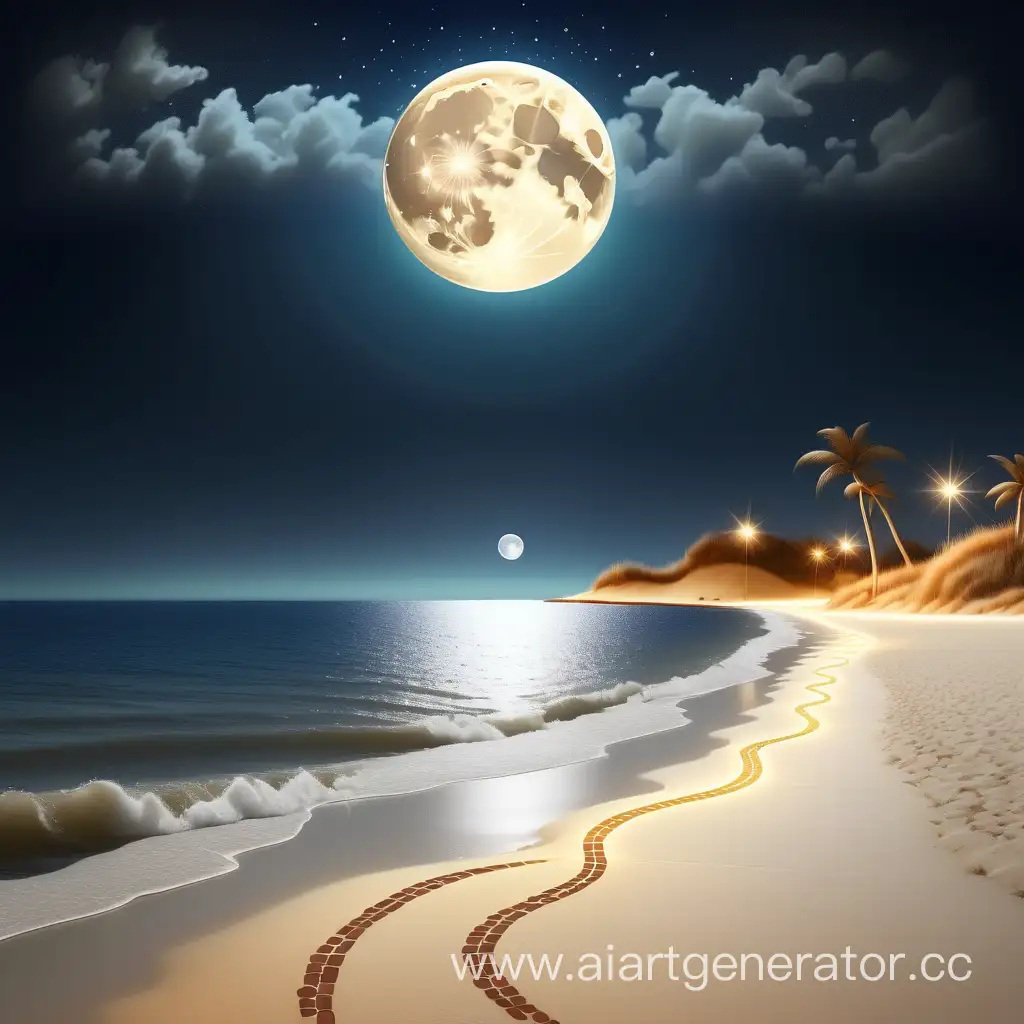 звездное небо большая луна в середине ,океан и дорожка по воде из светяшек берег песок и волшебство насыщенность

