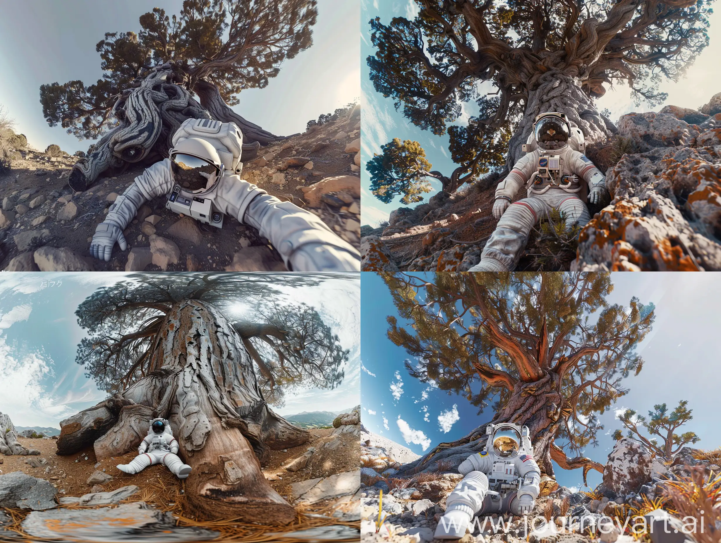 A realistic Selfie by  by Insta360 ,set in Pollino National Park, where a Astronaut at the foot of an old and giant Loricato Pine . An epic scene reminiscent of a documentary . Photo by NIKON Z9 / Canon Eos R3 / Widescreen / CGI / wide angle lens 8K resolution