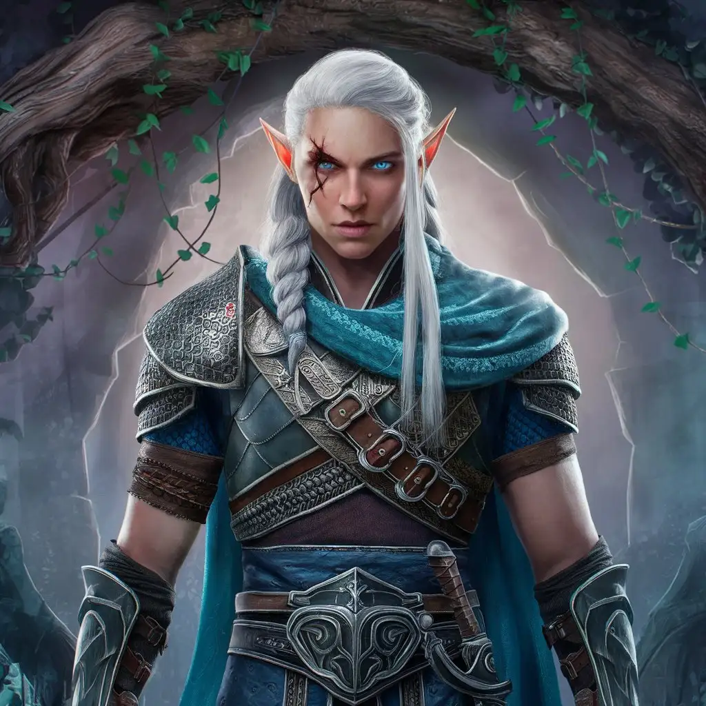 WhiteHaired-Male-HalfElf-Warrior-with-Eye-Scar-in-Fantasy-Armor