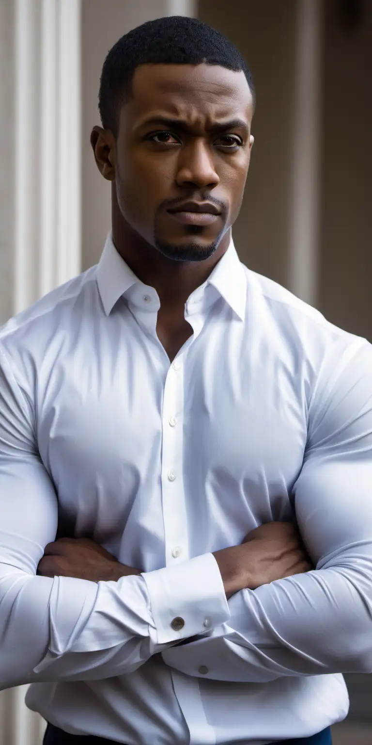 Black male, clean cut, strong jaw, thirty years old, handsome, expressive light brown eyes, short natural black hair, white palace, strong, Navy suit white shirt, muscular body, arms folded across his chest, looking directly into the camera