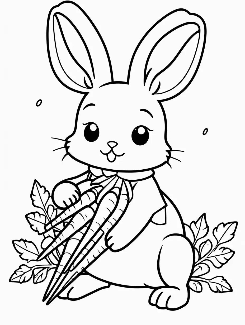 coloring page for kids with a cute kawaii bunny eating a carrot, black lines white background, only black and white