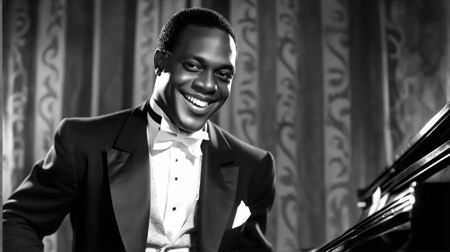 Leslie 'Hutch' Hutchinson, West Indies, 
Caribbean, attractive, use actor Kelvin Harris in image, dynamic, huge  charismatic smile,  1920s, Jazz musician, Harlem, promiscuous, image of Hutch alone with piano, black and white image


