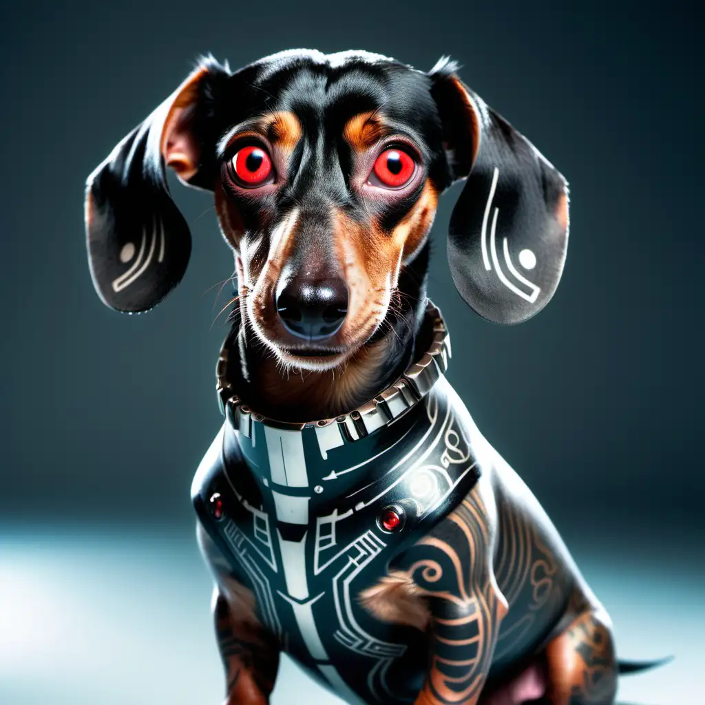 Futuristic Cyborg Dachshund with Striking Red Eyes and Shark Teeth