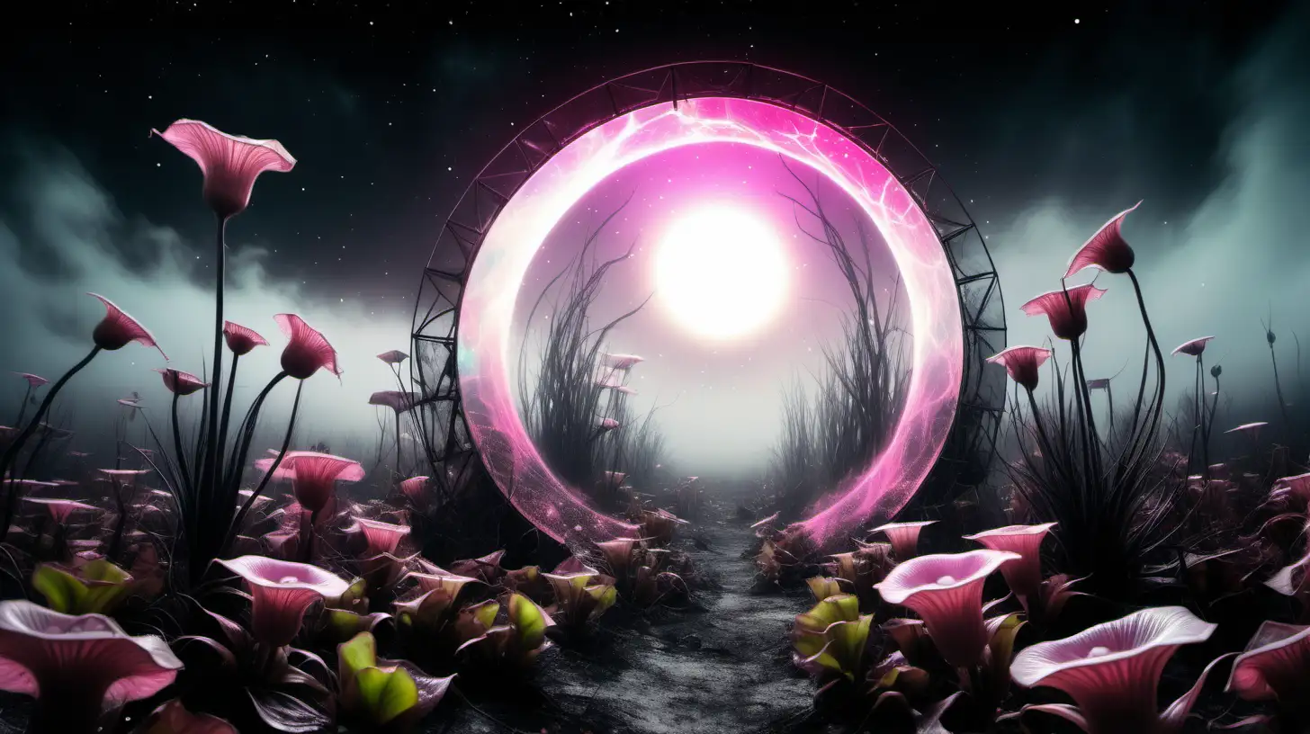 Ethereal Holographic Portal Amidst Carnivorous Plants in a Pixelated Ghostly Landscape